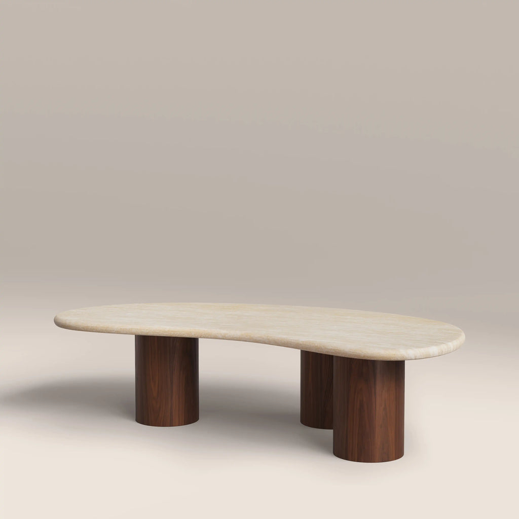 Brynleigh Curved Coffee Table | Natural Travertine Effect Stone & Walnut