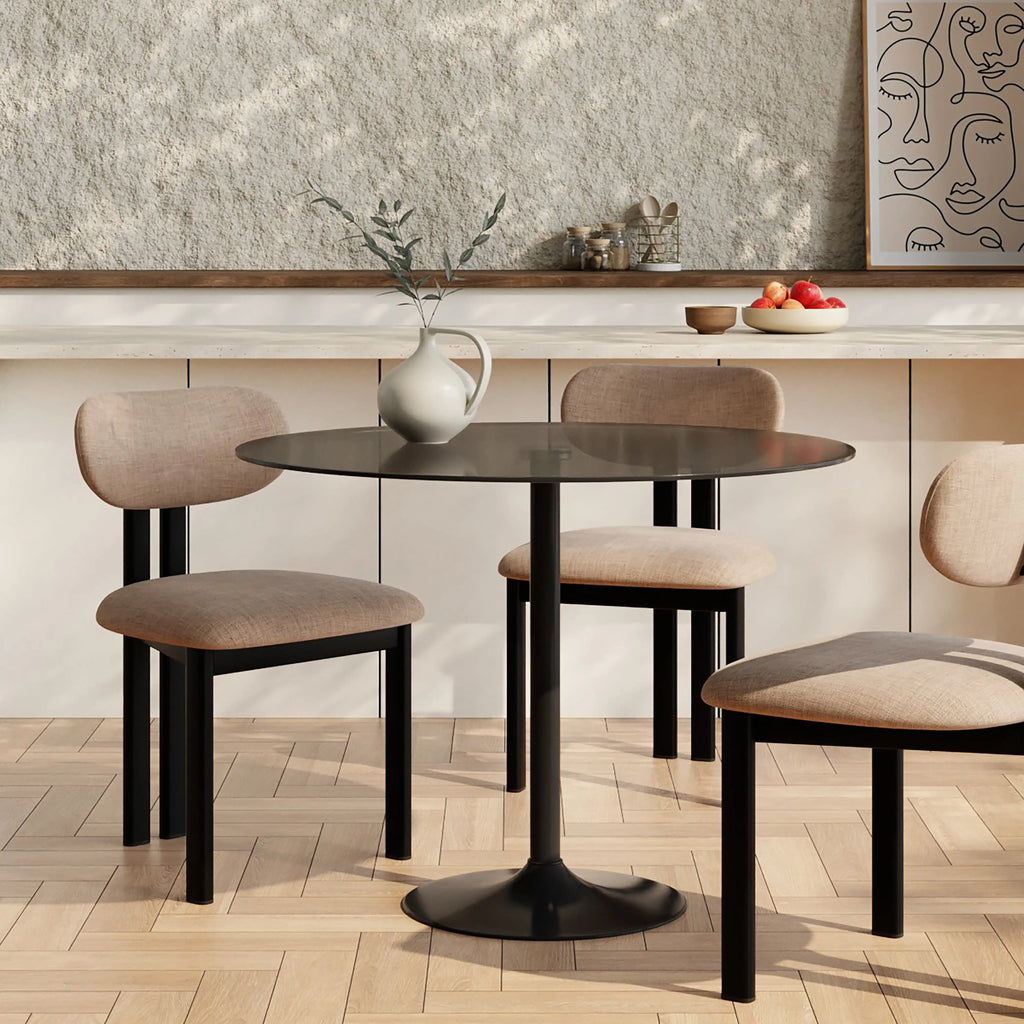 Ida 4 Seat Round Dining Table | Smoked Glass & Black
