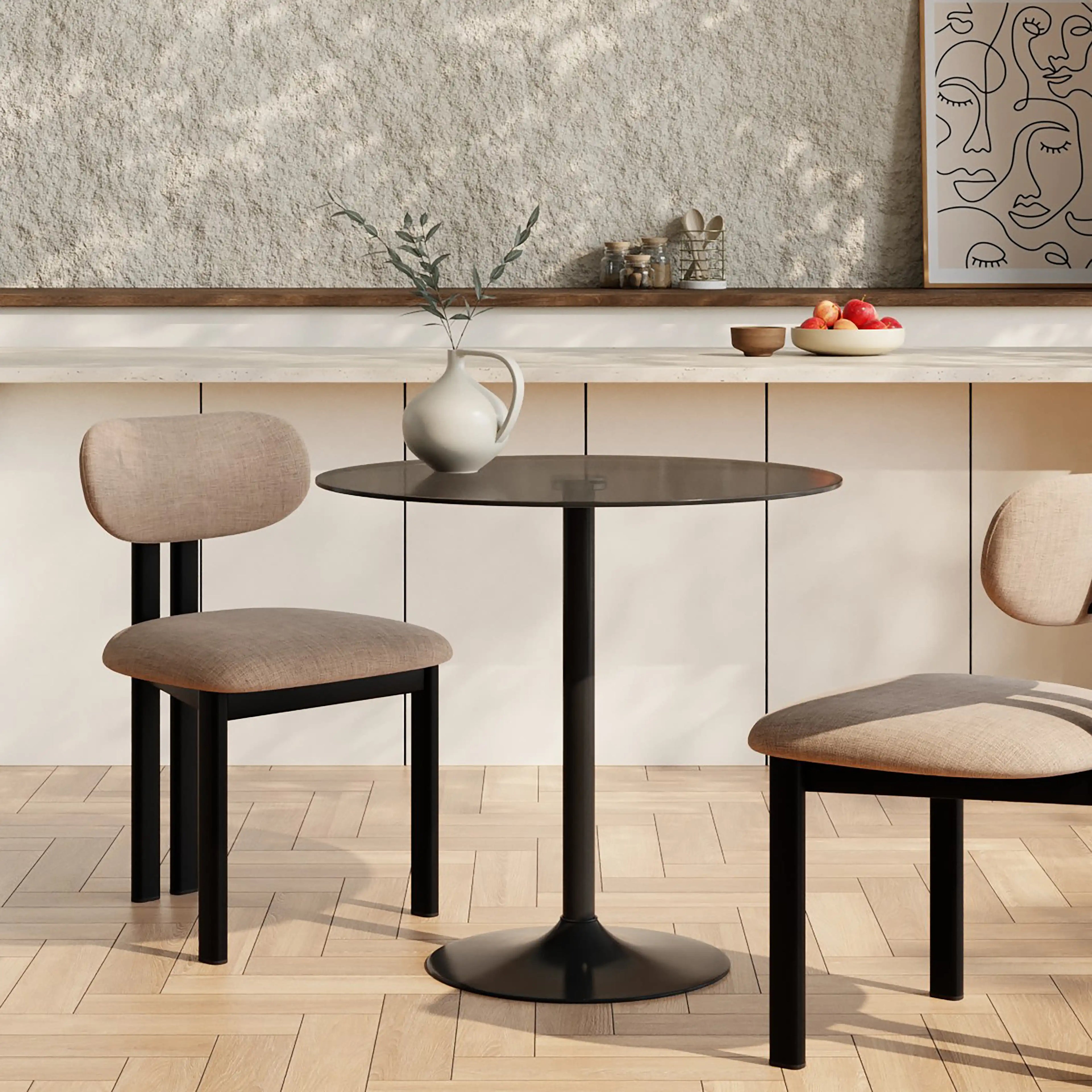 Ida 2 Seat Round Dining Table | Smoked Glass & Black