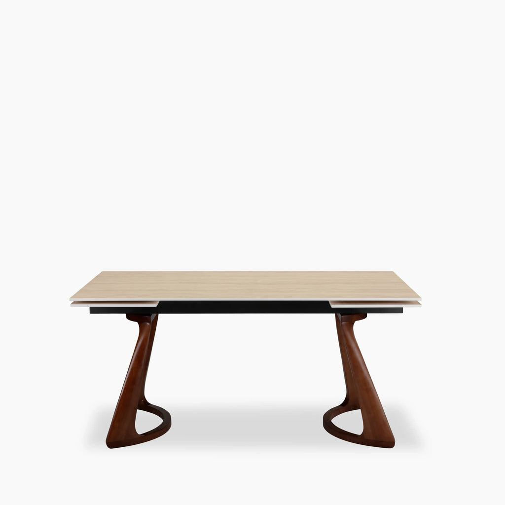 Delina 6-10 Seat Rectangle Extendable Dining Table | Natural Travertine Effect Sintered Stone & Walnut