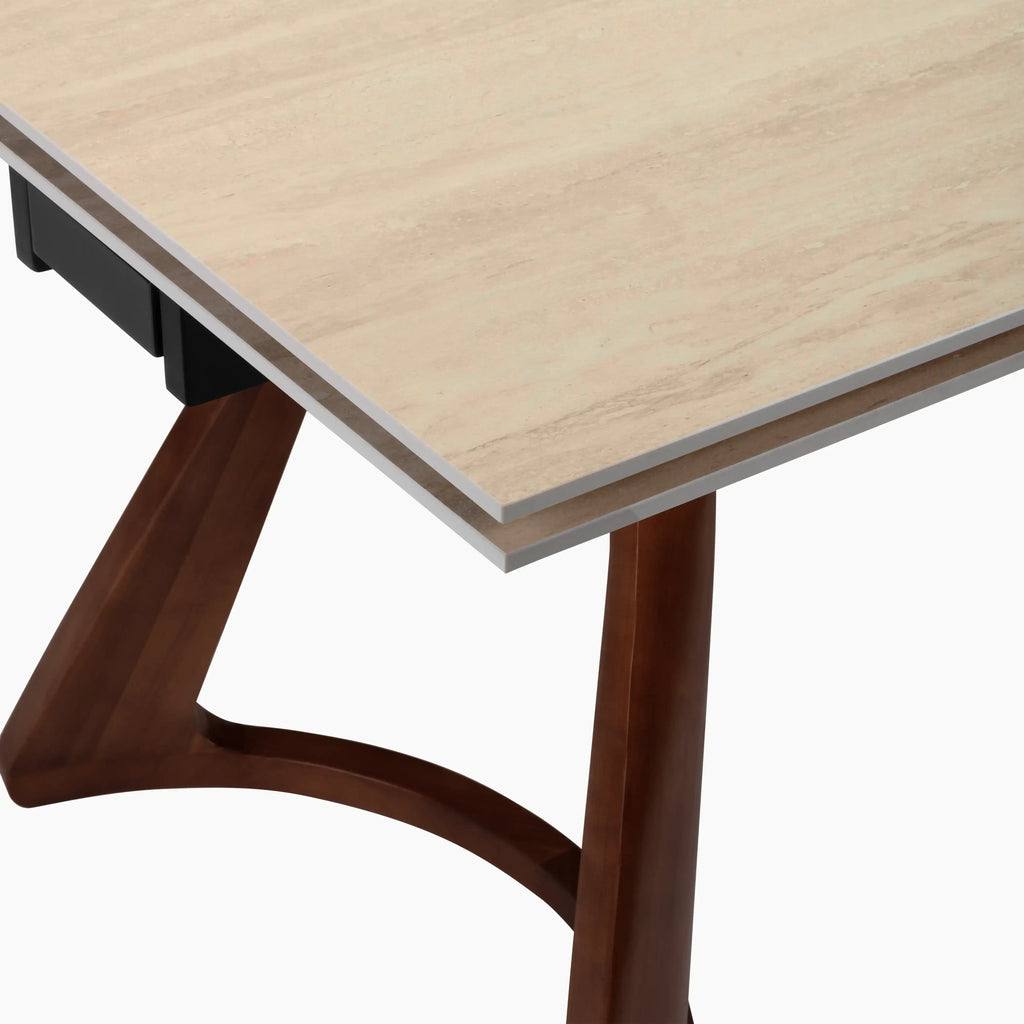 Delina 6-10 Seat Rectangle Extendable Dining Table | Natural Travertine Effect Sintered Stone & Walnut