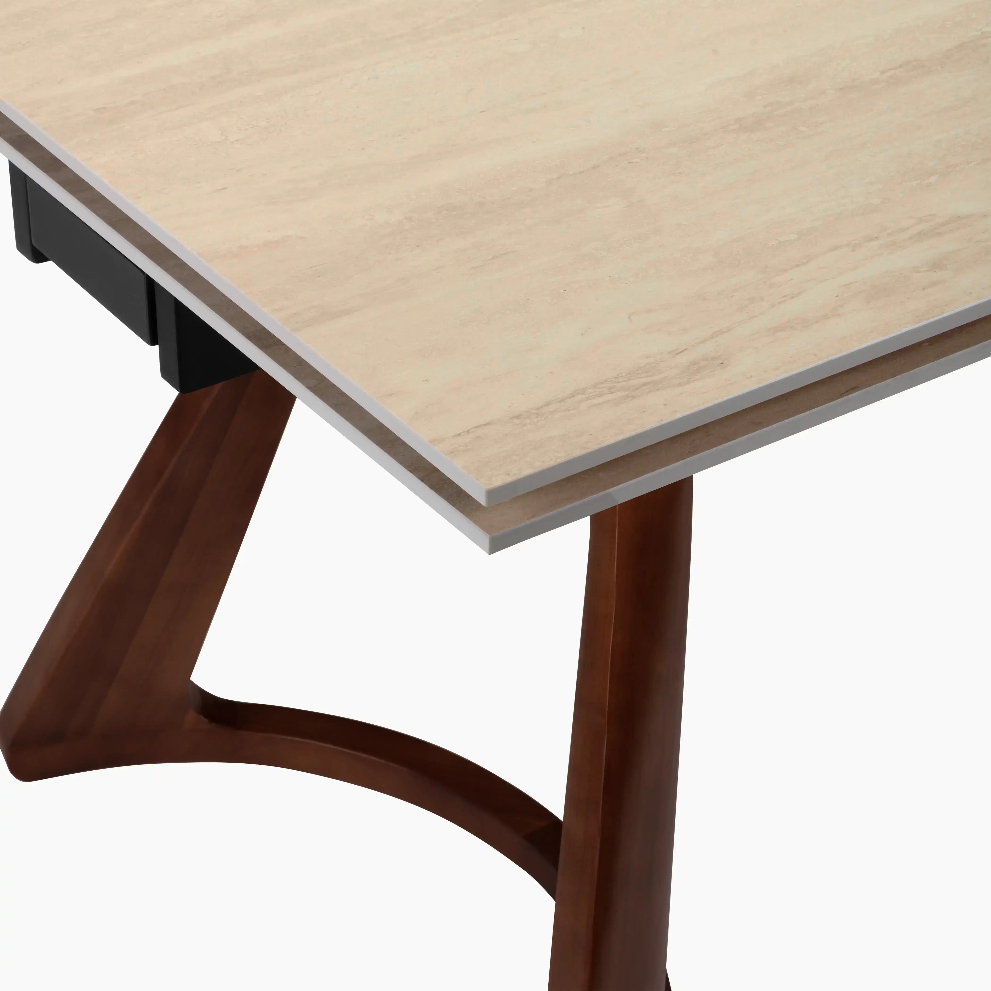 Delina 6-10 Seat Rectangle Extendable Dining Table | Natural Travertine Effect Sintered Stone & Walnut