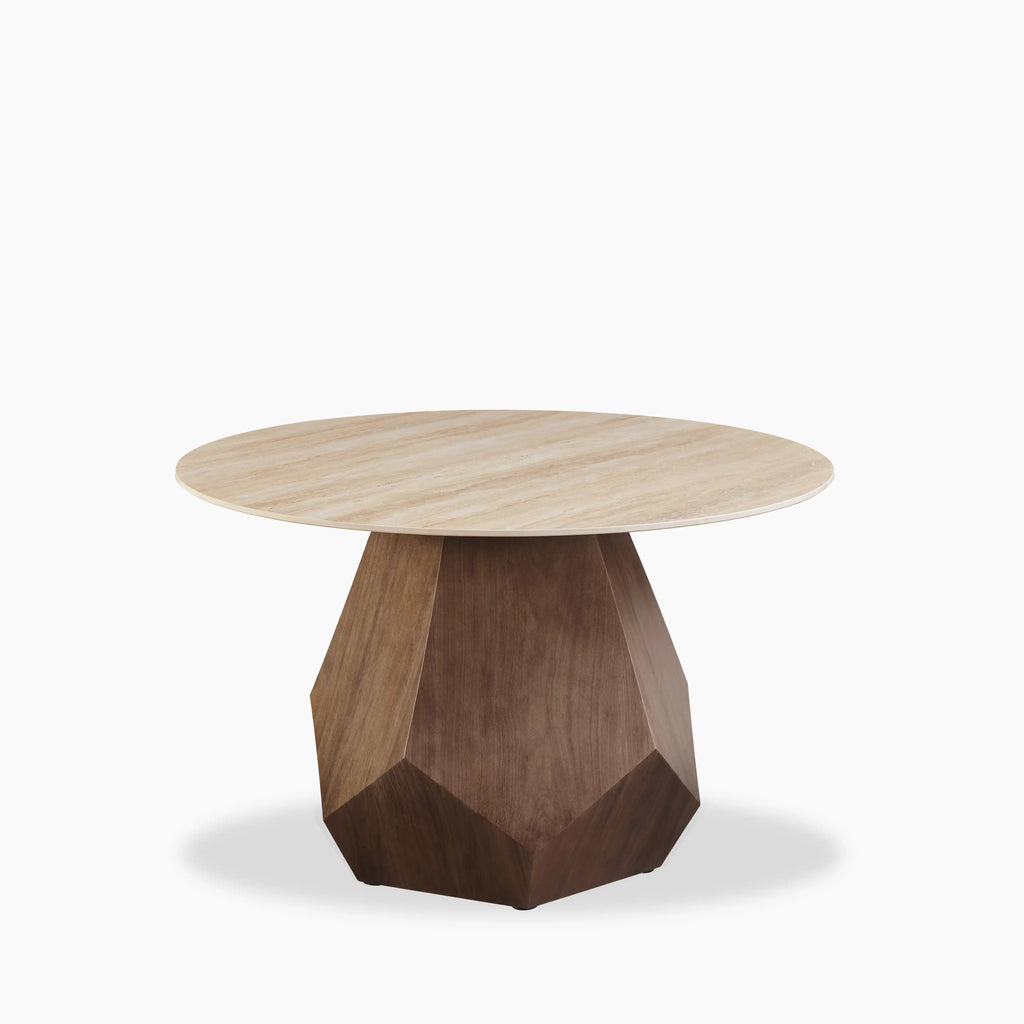 Lilian 4 Seat Round Dining Table | Natural Travertine Effect Sintered Stone & Walnut