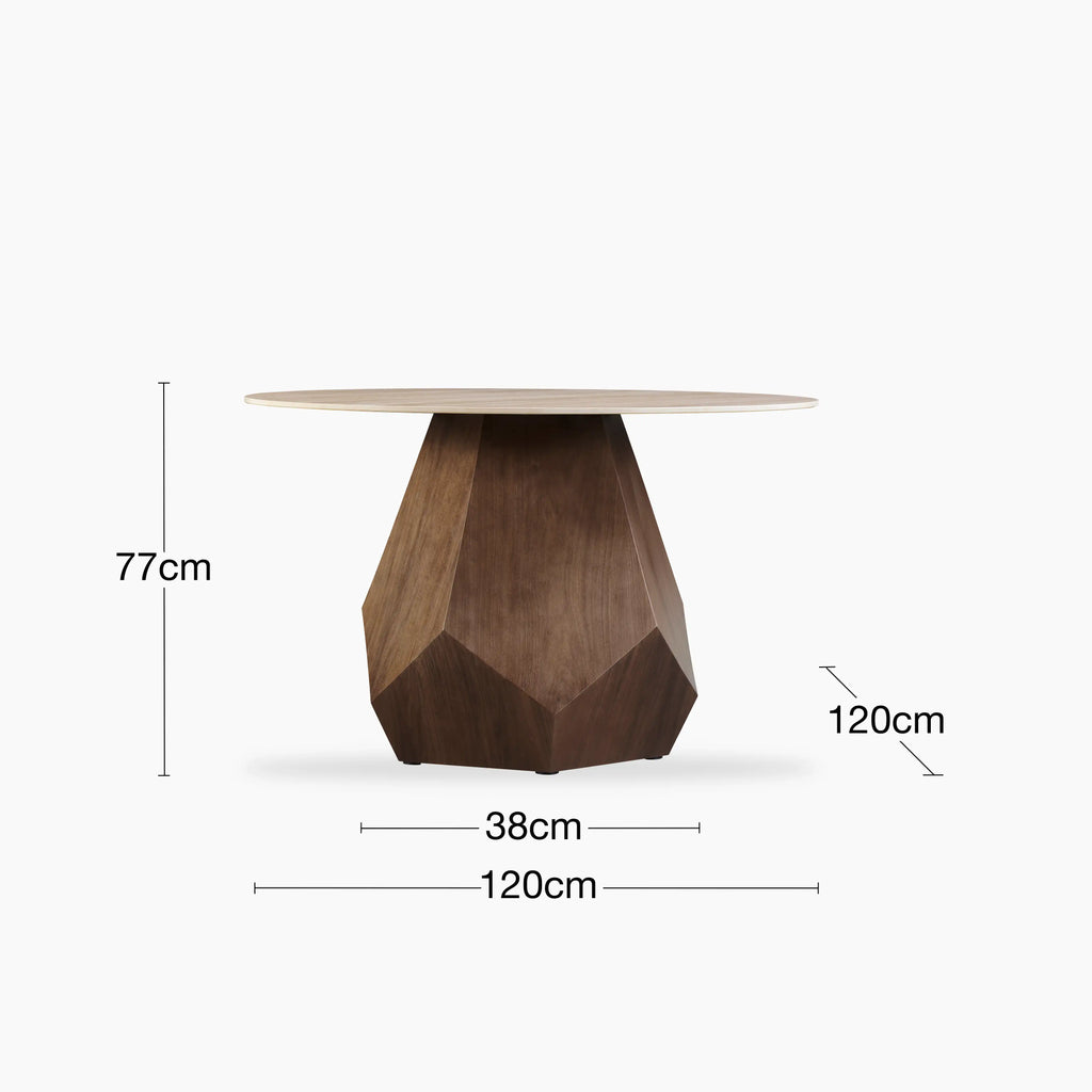 Lilian 4 Seat Round Dining Table | Natural Travertine Effect Sintered Stone & Walnut