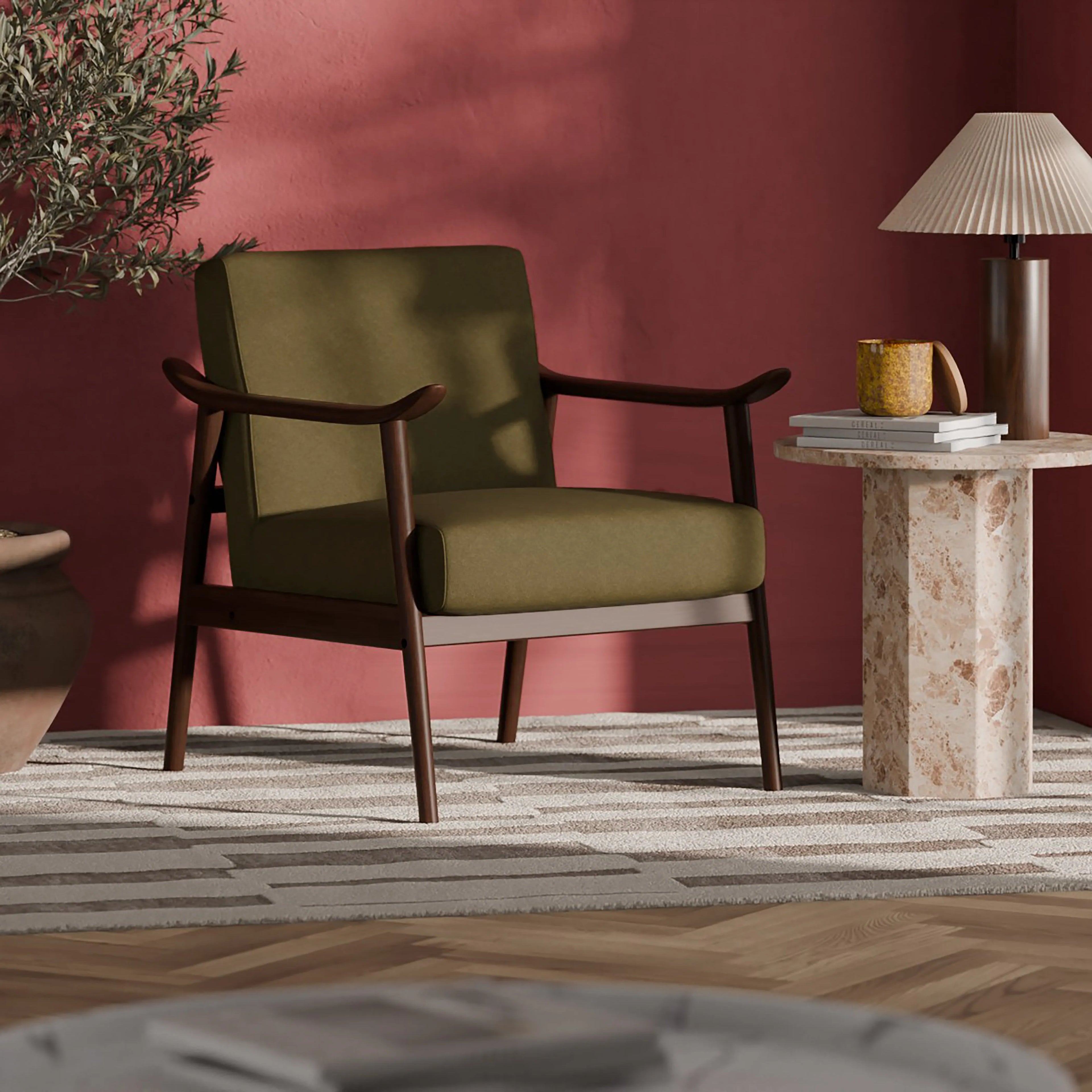 Lola Accent Chair | Moss Green Sustainable Mohair Velvet & Walnut