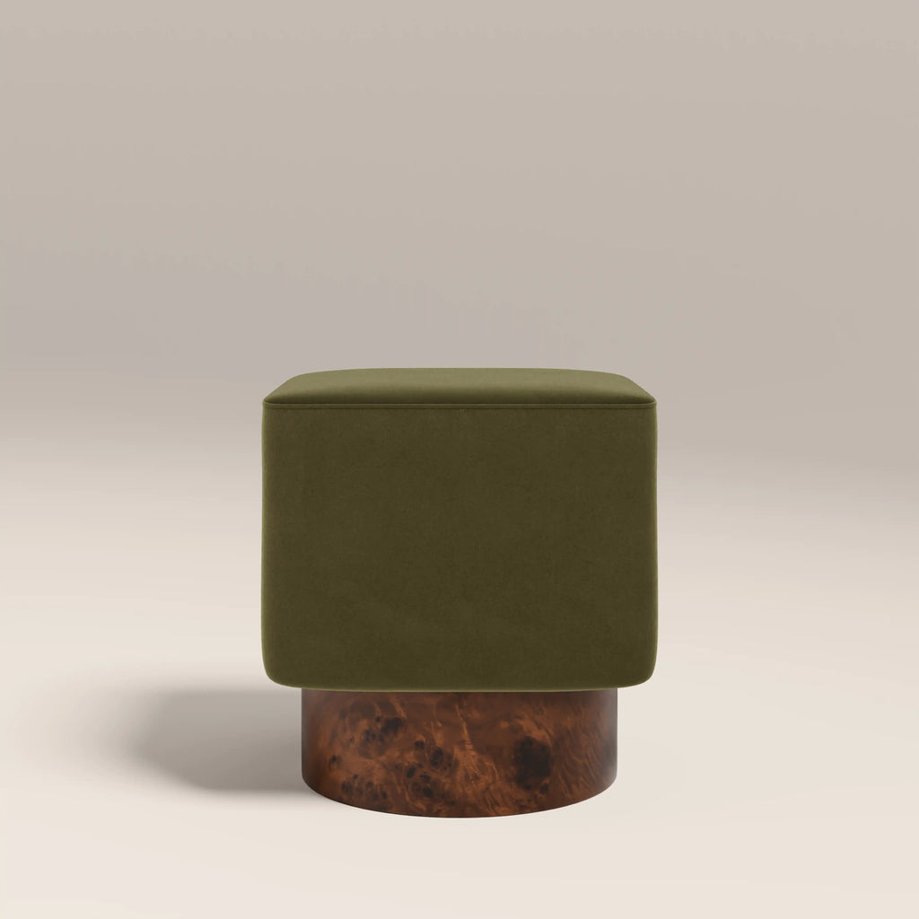 Bidbury Pouffe | Moss Green Sustainable Mohair Velvet & Walnut Burl Wood