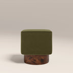 Bidbury Pouffe | Moss Green Sustainable Mohair Velvet & Walnut Burl Wood