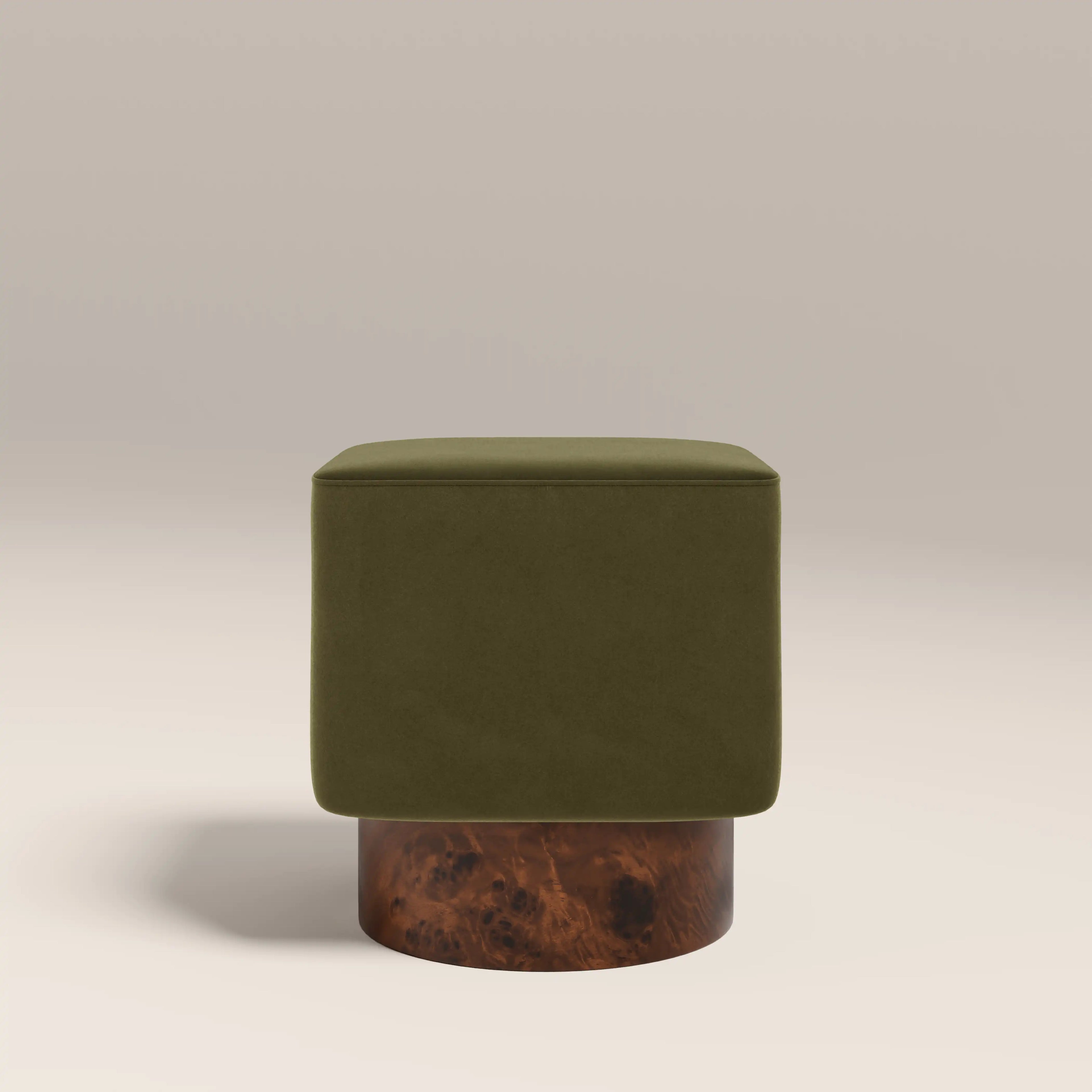 Bidbury Pouffe | Moss Green Sustainable Mohair Velvet & Walnut Burl Wood