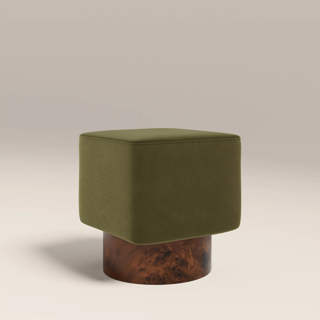 Bidbury Pouffe | Moss Green Sustainable Mohair Velvet & Walnut Burl Wood