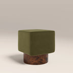 Bidbury Pouffe | Moss Green Sustainable Mohair Velvet & Walnut Burl Wood