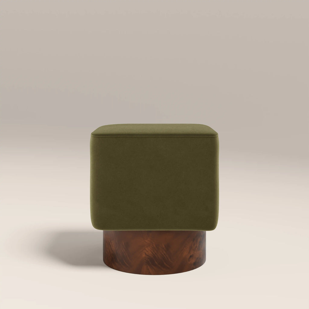 Bidbury Pouffe | Moss Green Sustainable Mohair Velvet & Walnut Burl Wood