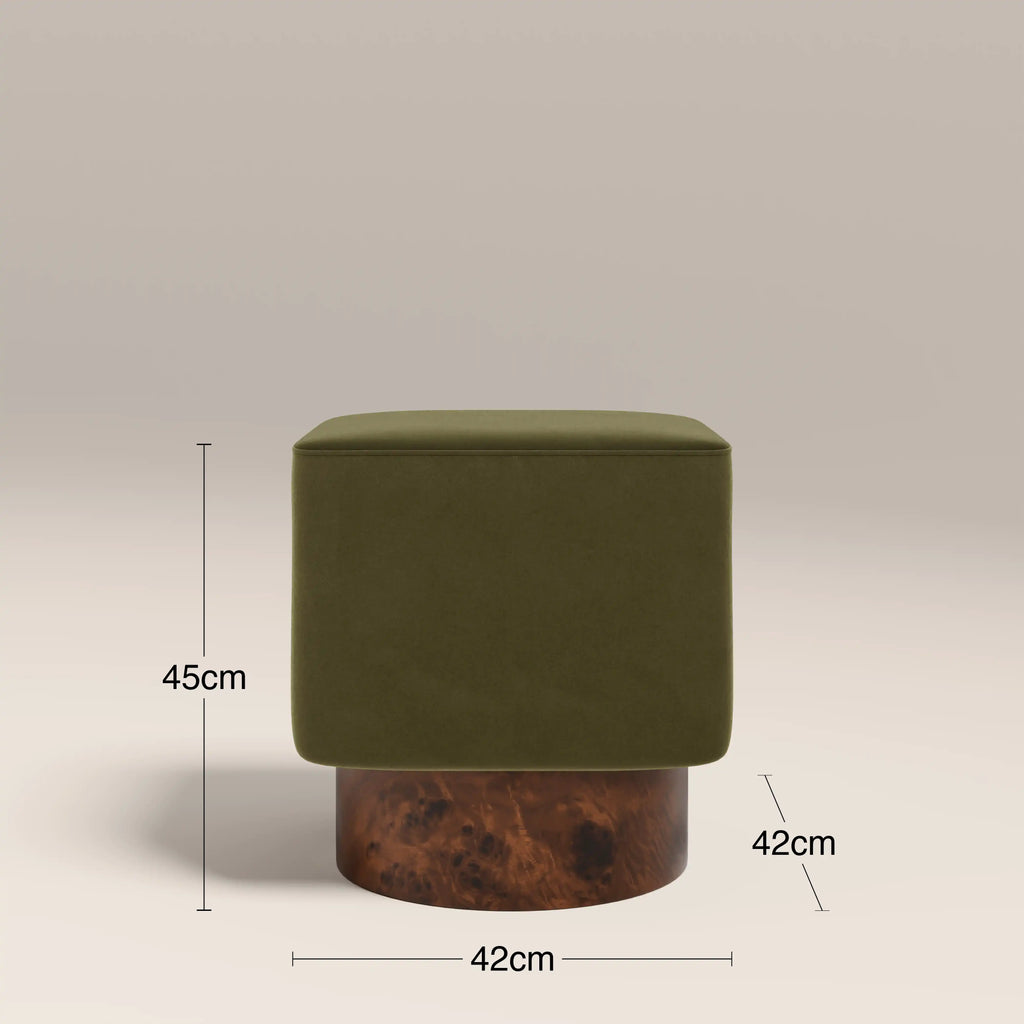 Bidbury Pouffe | Moss Green Sustainable Mohair Velvet & Walnut Burl Wood