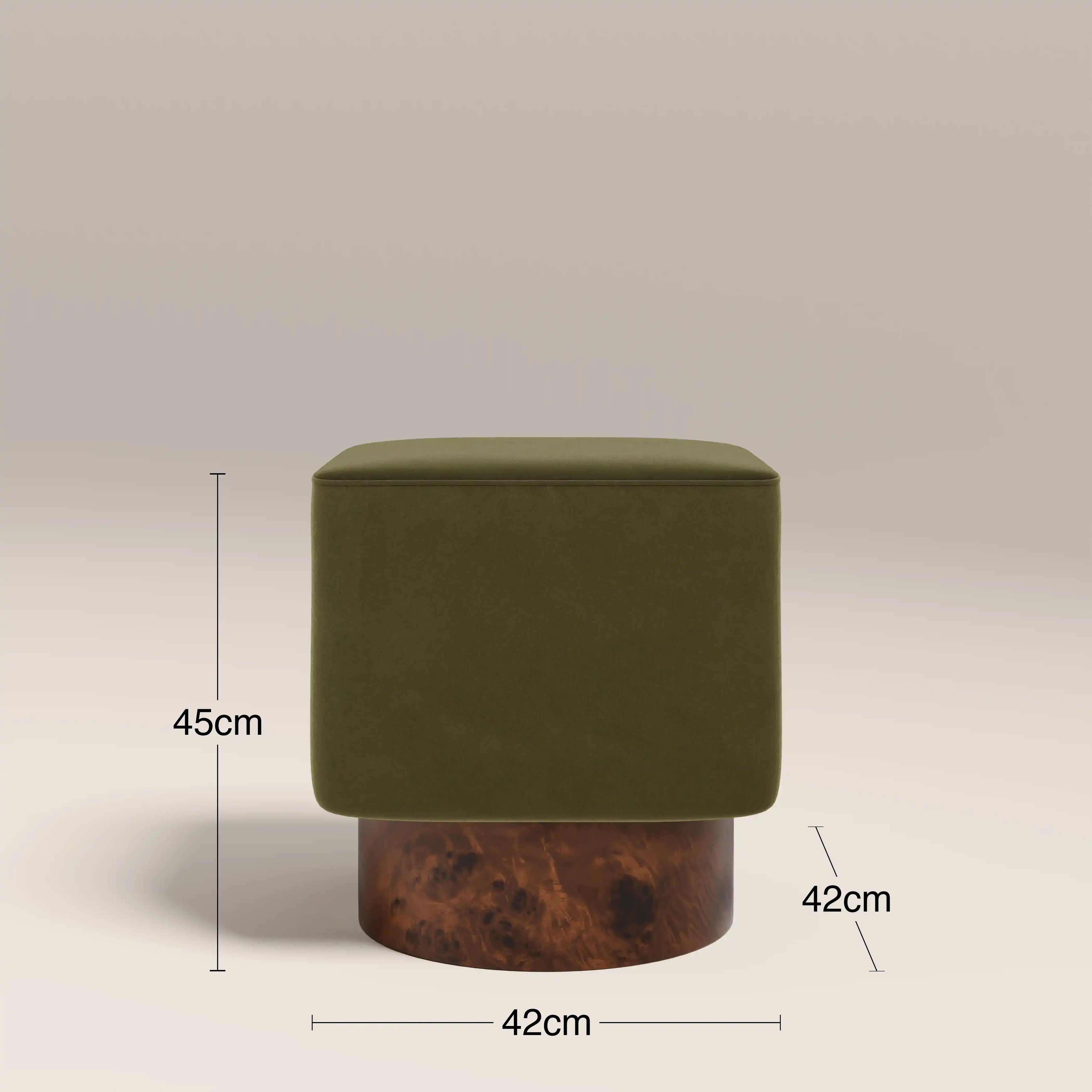 Bidbury Pouffe | Moss Green Sustainable Mohair Velvet & Walnut Burl Wood