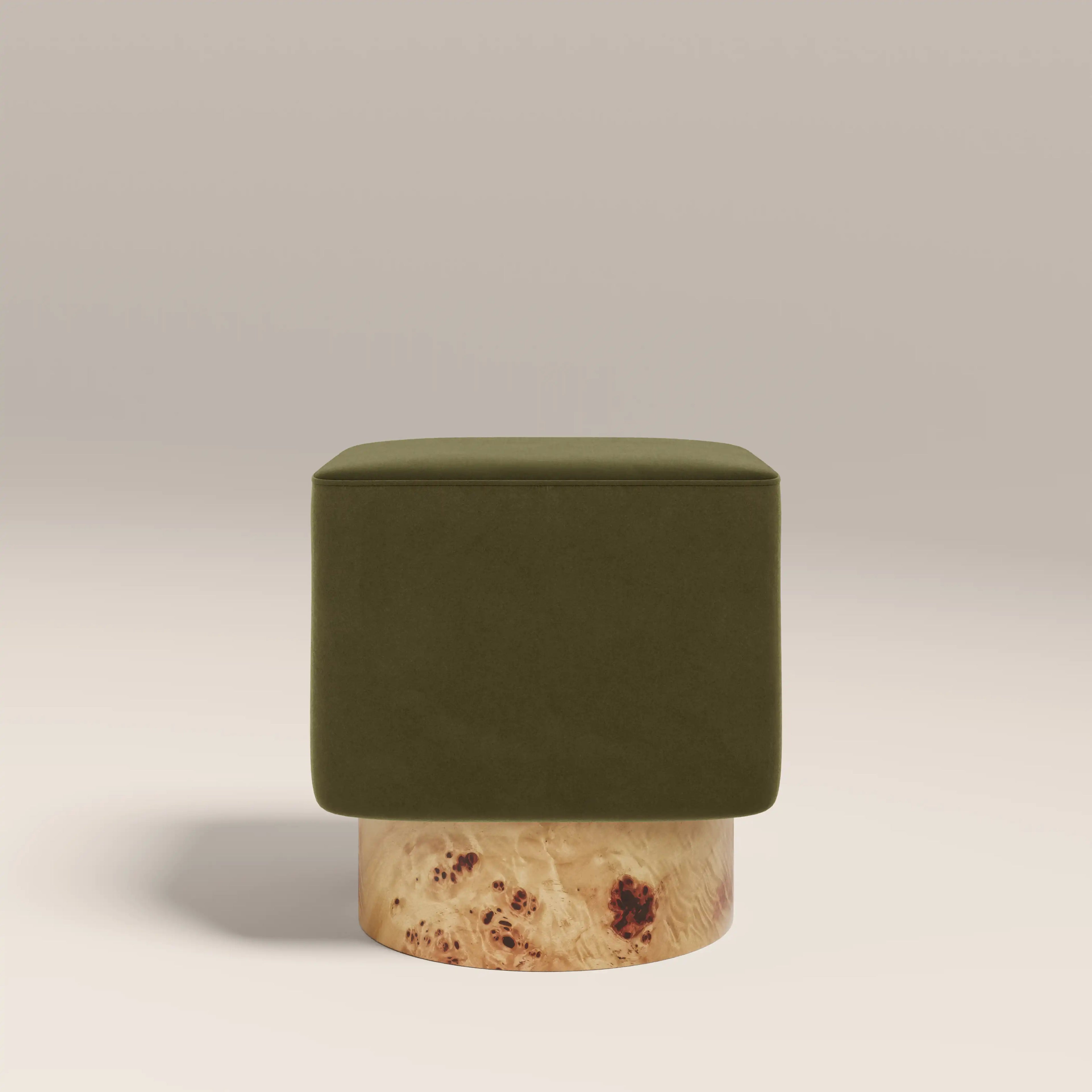 Bidbury Pouffe | Moss Green Sustainable Mohair Velvet & Burl Wood