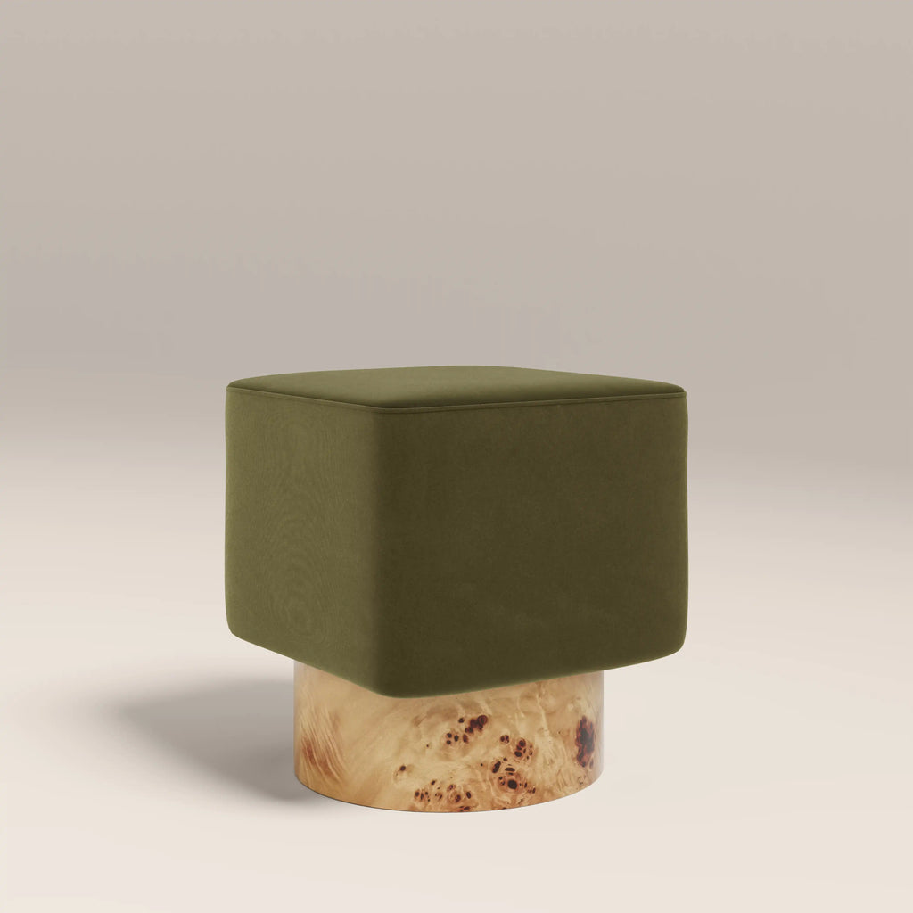 Bidbury Pouffe | Moss Green Sustainable Mohair Velvet & Burl Wood