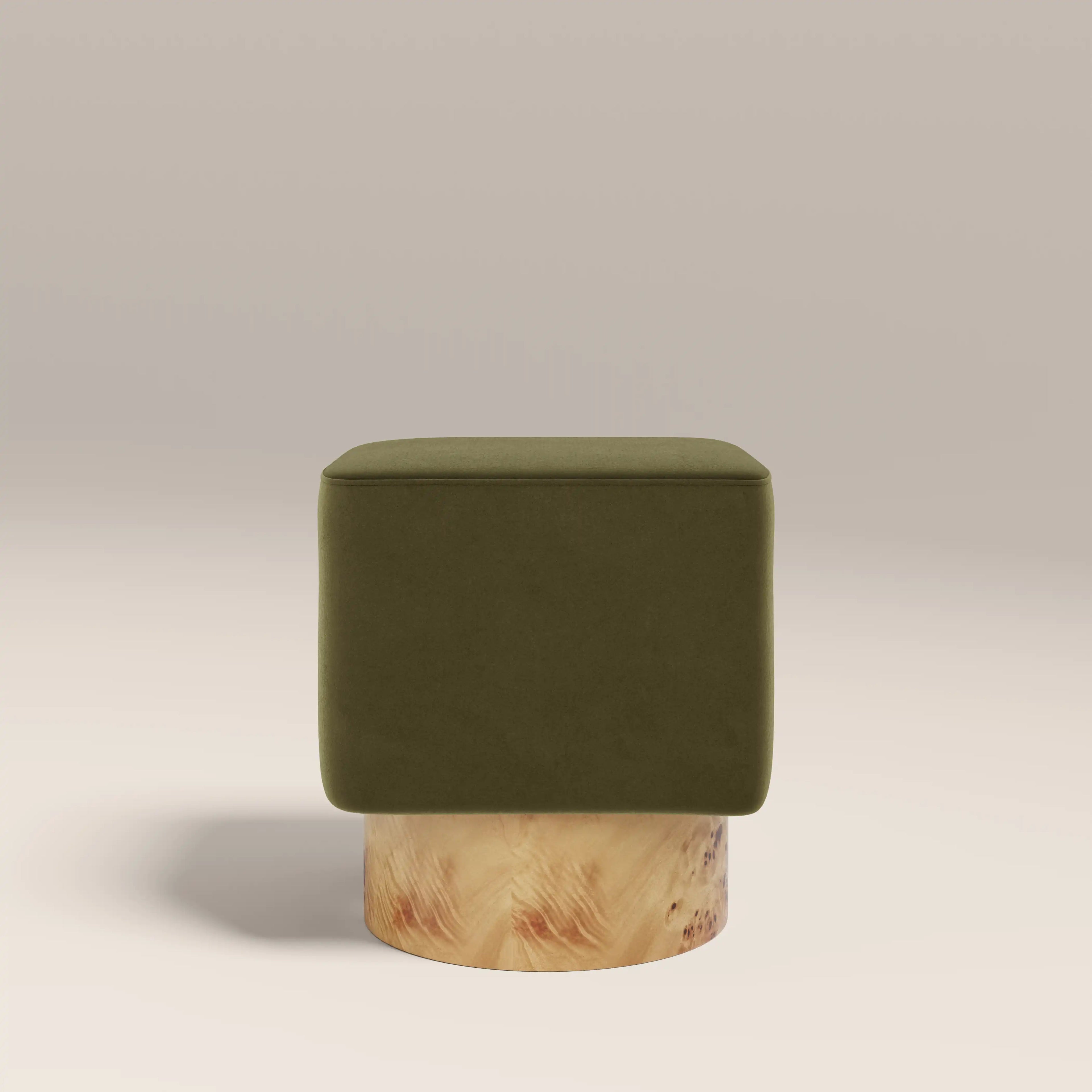 Bidbury Pouffe | Moss Green Sustainable Mohair Velvet & Burl Wood