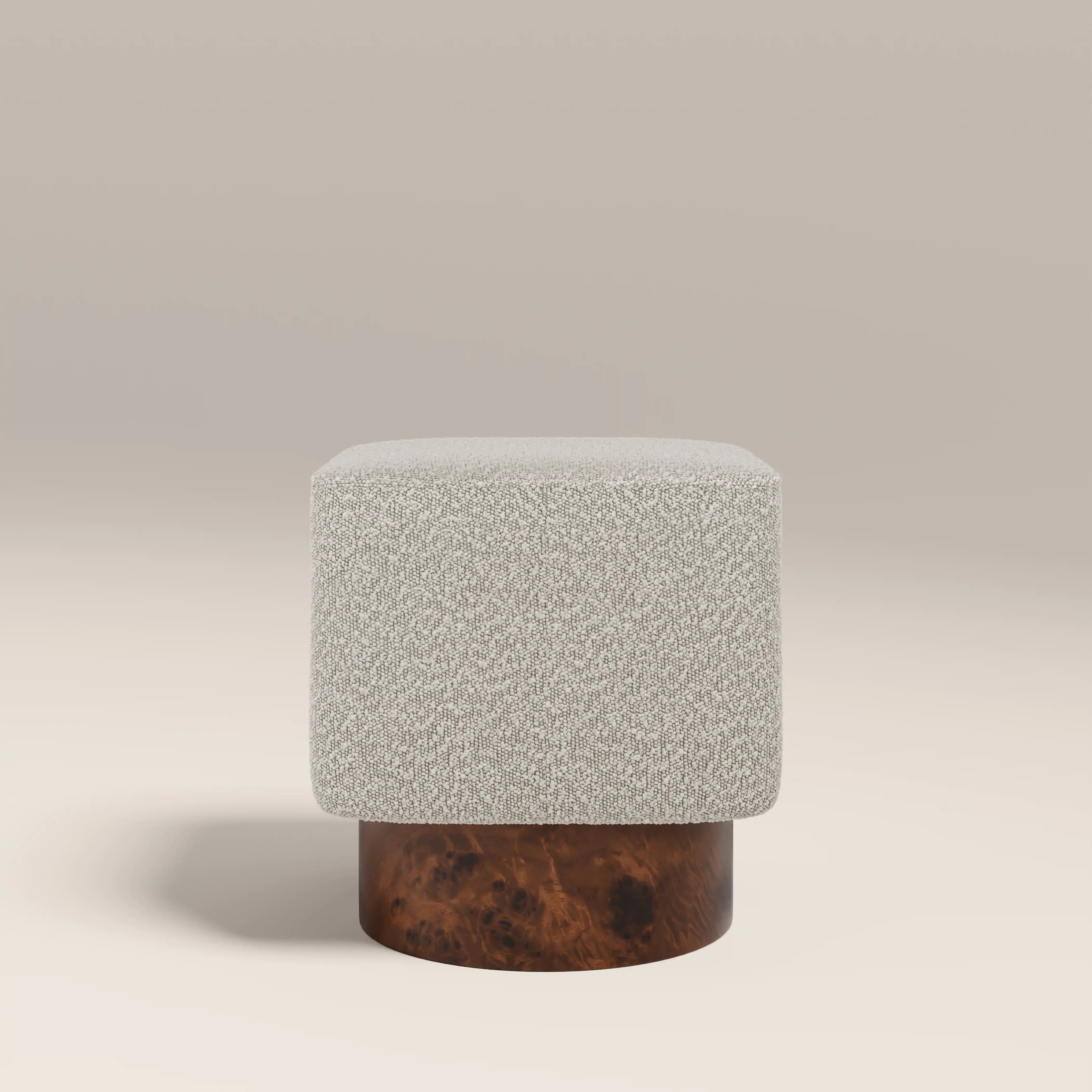 Bidbury Pouffe | Speckled Stone Sustainable Boucle & Walnut Burl Wood