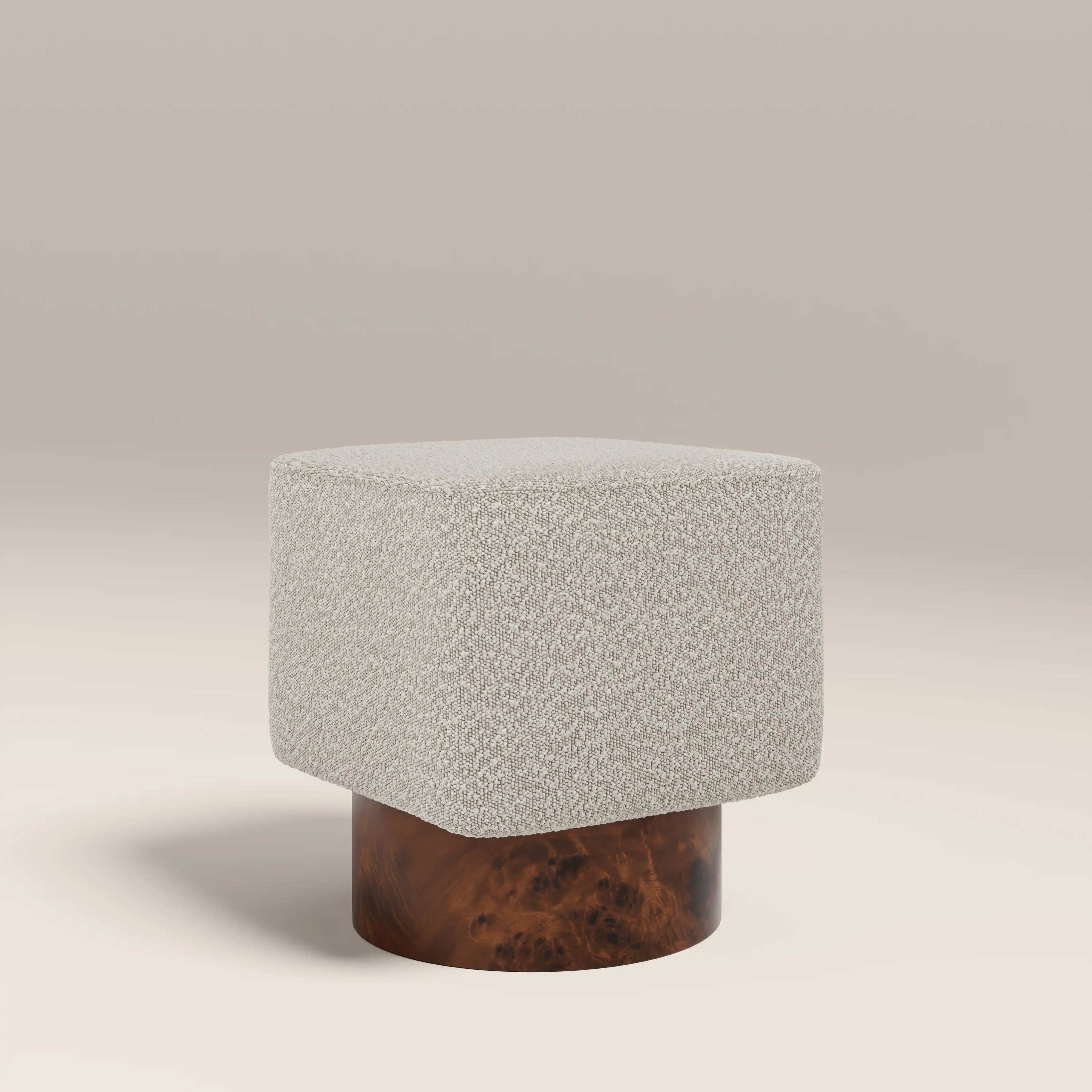 Bidbury Pouffe | Speckled Stone Sustainable Boucle & Walnut Burl Wood