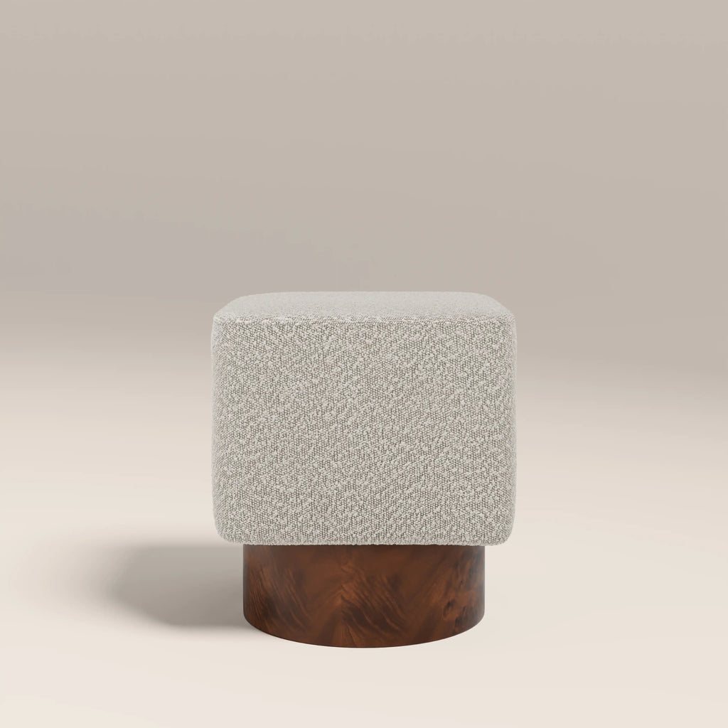 Bidbury Pouffe | Speckled Stone Sustainable Boucle & Walnut Burl Wood