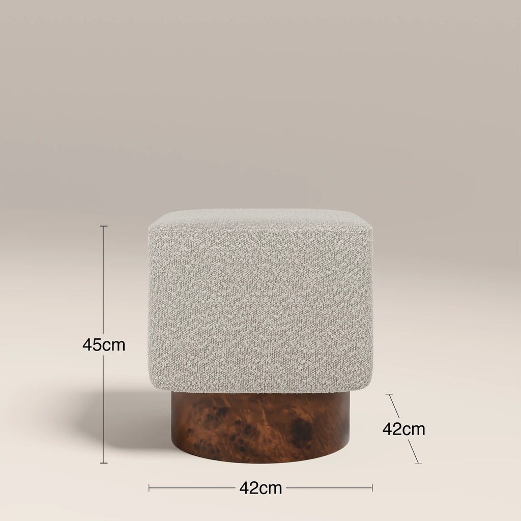Bidbury Pouffe | Speckled Stone Sustainable Boucle & Walnut Burl Wood