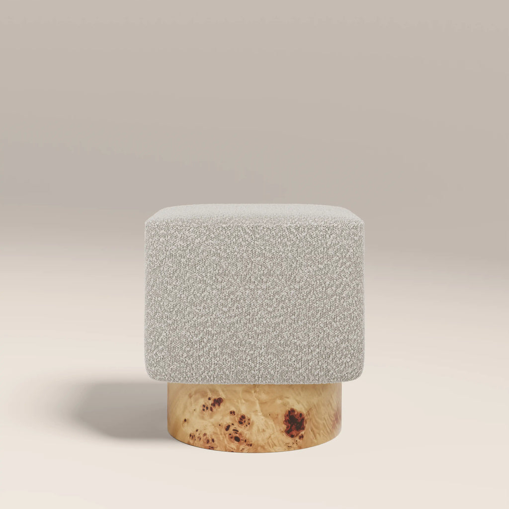 Bidbury Pouffe | Speckled Stone Sustainable Boucle & Burl Wood
