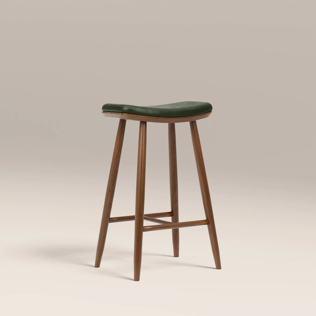 Hatton Wooden Kitchen Stool | Vintage Green Faux Leather & Walnut