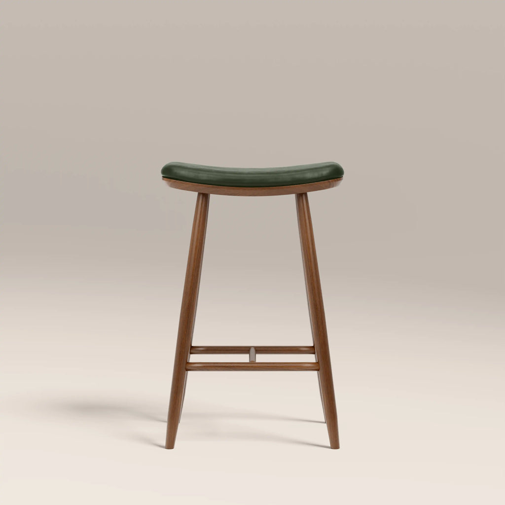 Hatton Wooden Kitchen Stool | Vintage Green Faux Leather & Walnut