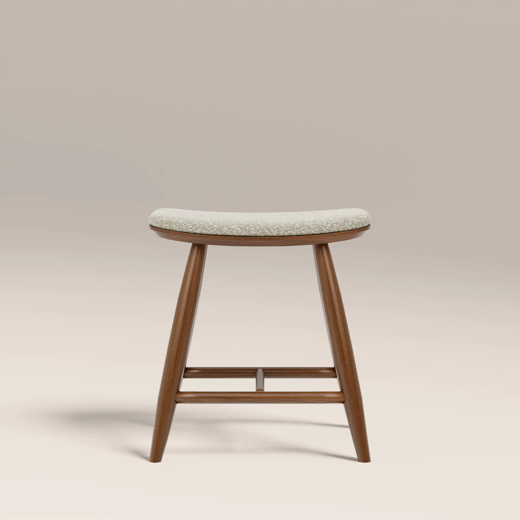 Hatton Wooden Low Stool | Speckled Stone Sustainable Boucle & Walnut