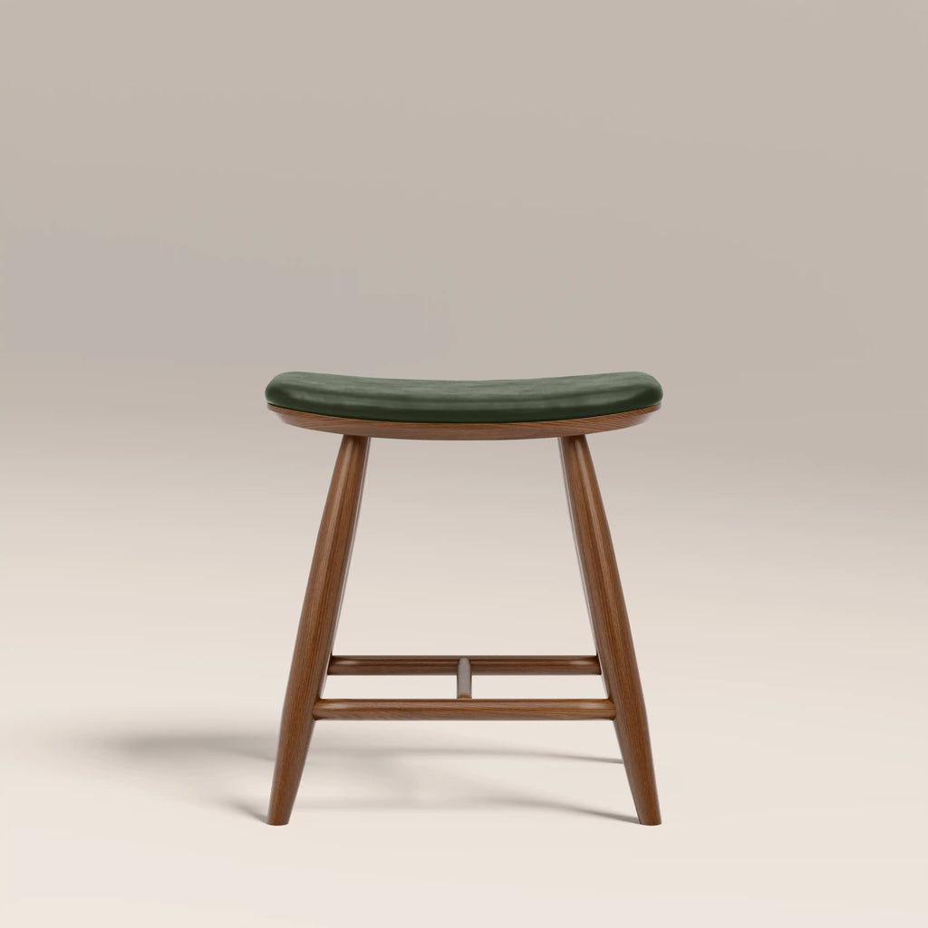 Hatton Wooden Low Stool | Vintage Green Faux Leather & Walnut