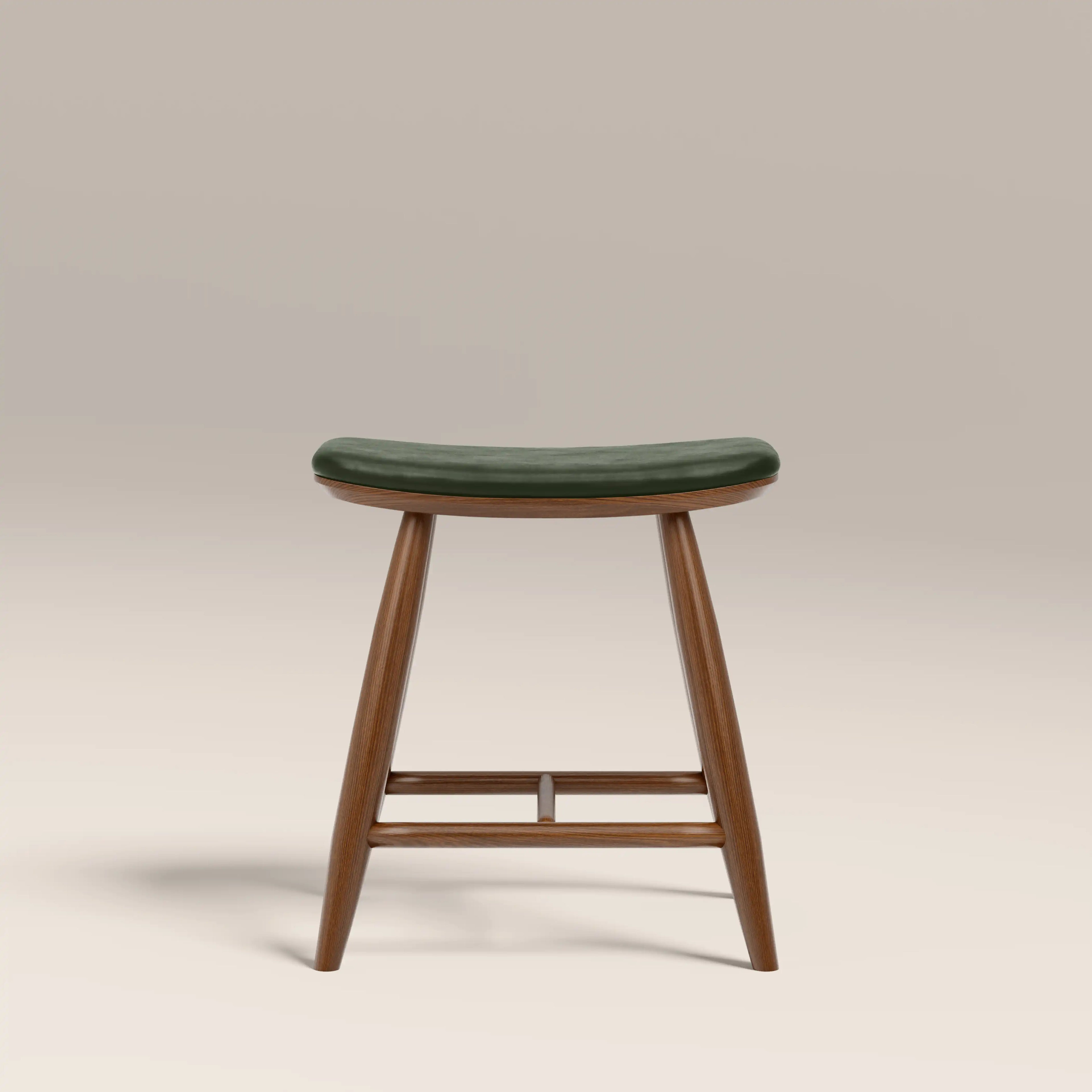 Hatton Wooden Low Stool | Vintage Green Faux Leather & Walnut