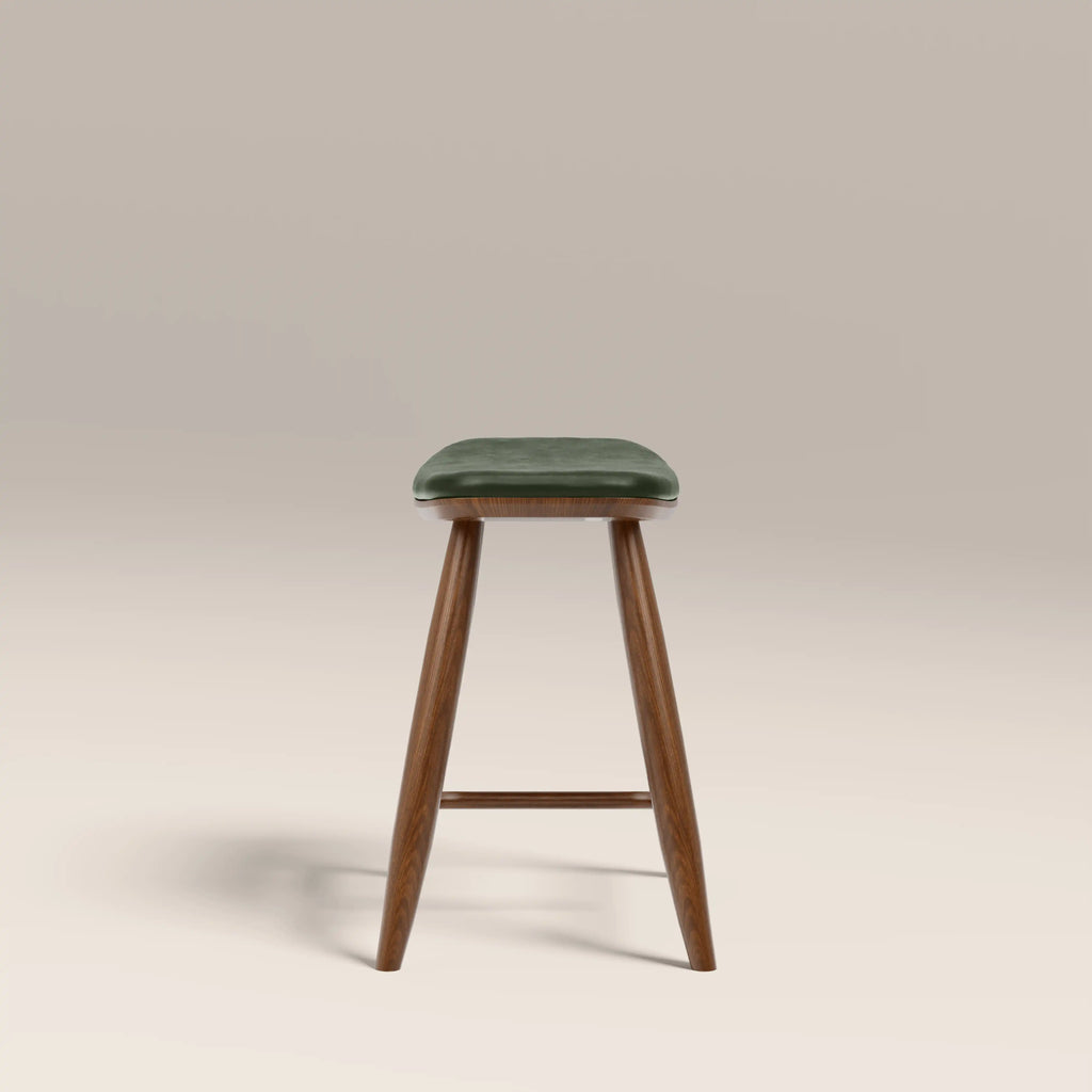 Hatton Wooden Low Stool | Vintage Green Faux Leather & Walnut