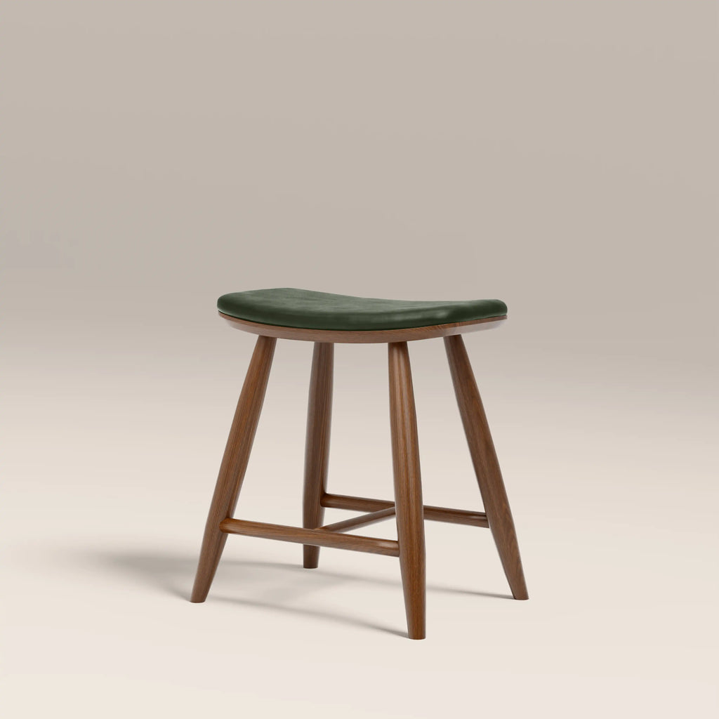 Hatton Wooden Low Stool | Vintage Green Faux Leather & Walnut