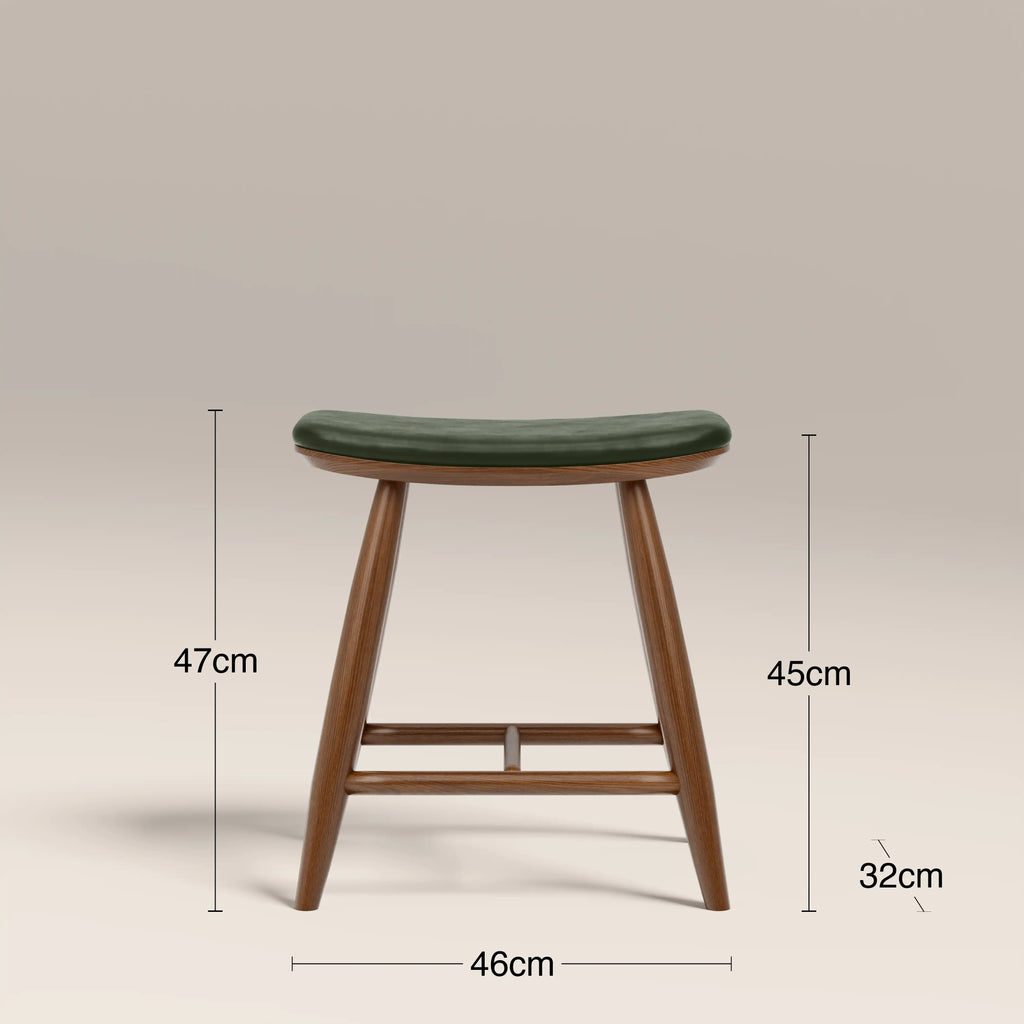 Hatton Wooden Low Stool | Vintage Green Faux Leather & Walnut