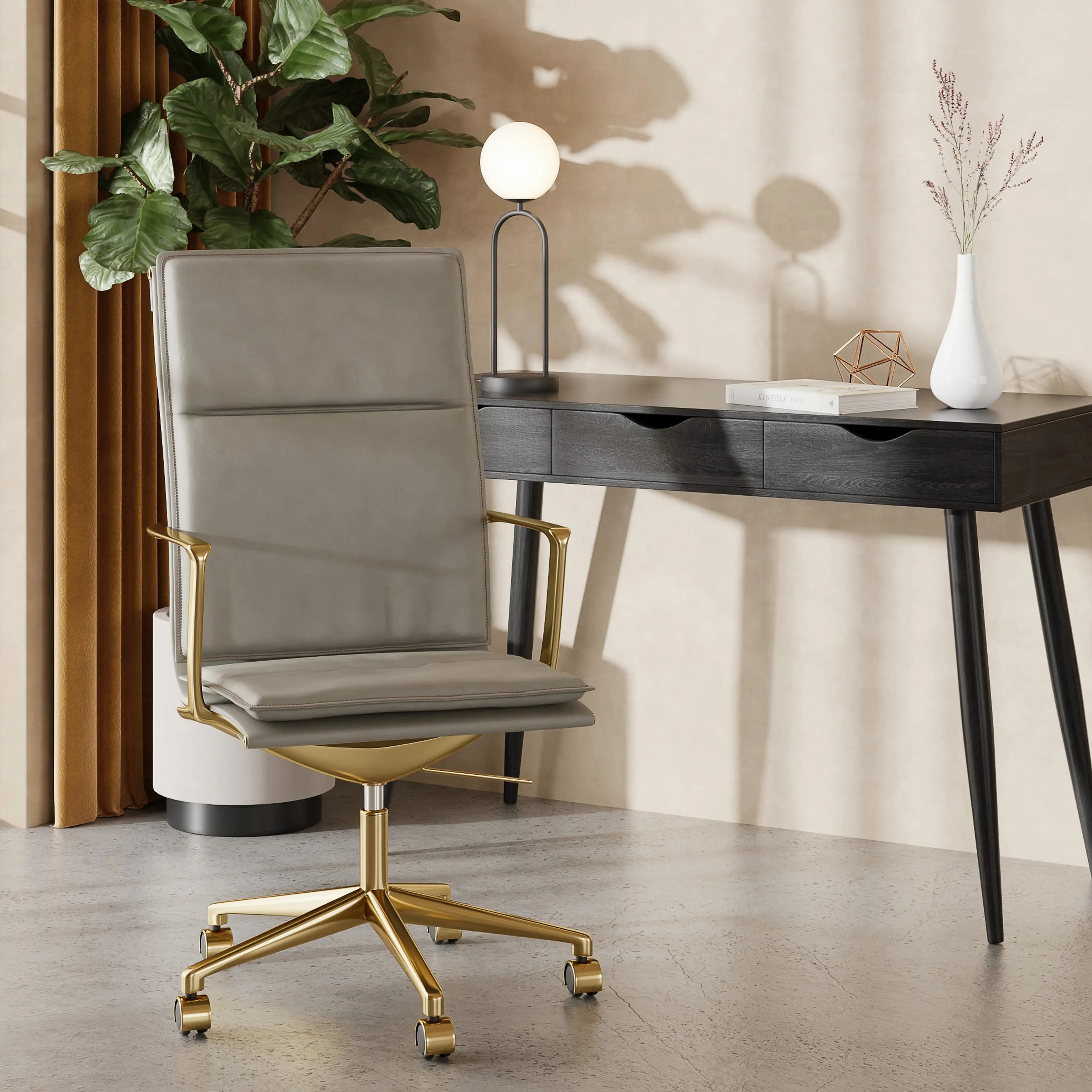 Bria High Back Office Chair | Grey Faux Leather & Brass