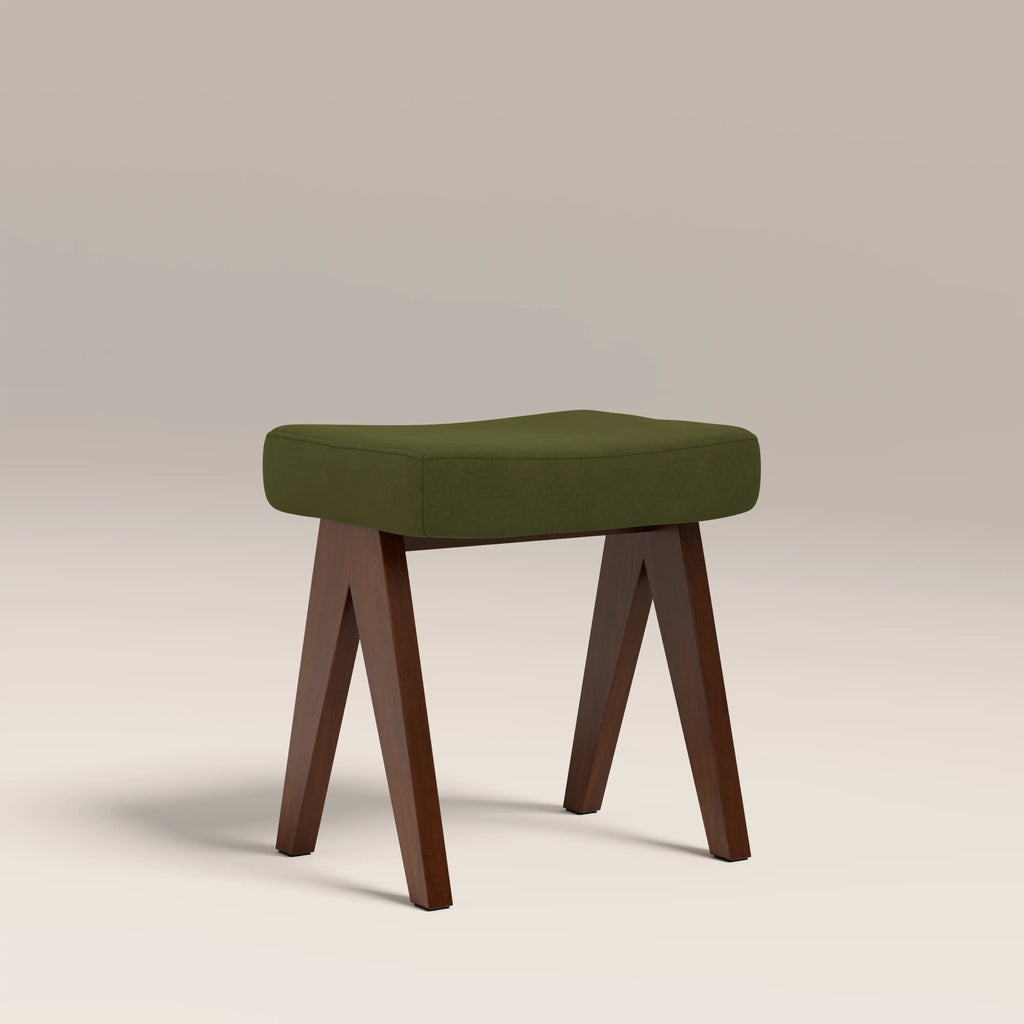Cary Wooden Low Stool | Olive Green Sustainable Velvet & Walnut