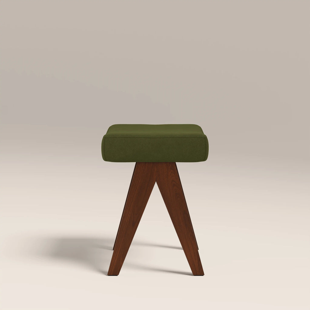 Cary Wooden Low Stool | Olive Green Sustainable Velvet & Walnut