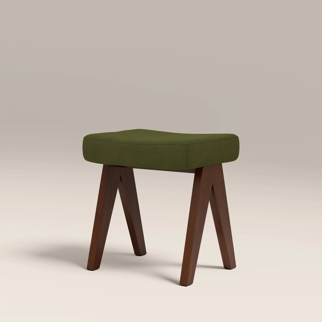 Cary Wooden Low Stool | Olive Green Sustainable Velvet & Walnut