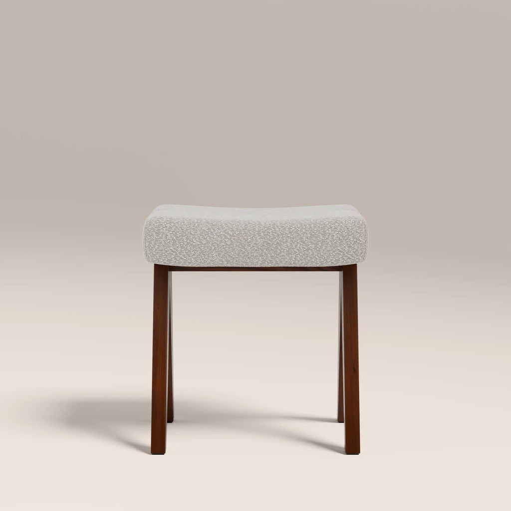 Cary Wooden Low Stool | Speckled Stone Sustainable Boucle & Walnut