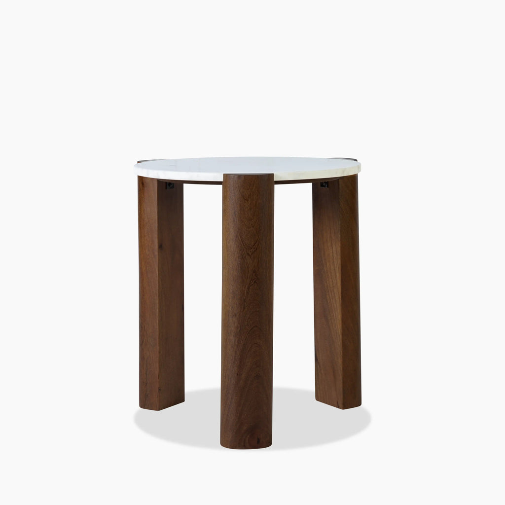 Emil Round Side Table | White Marble & Walnut