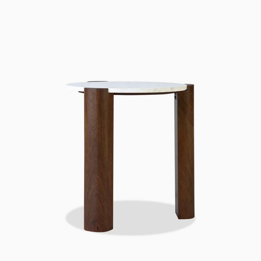 Emil Round Side Table | White Marble & Walnut
