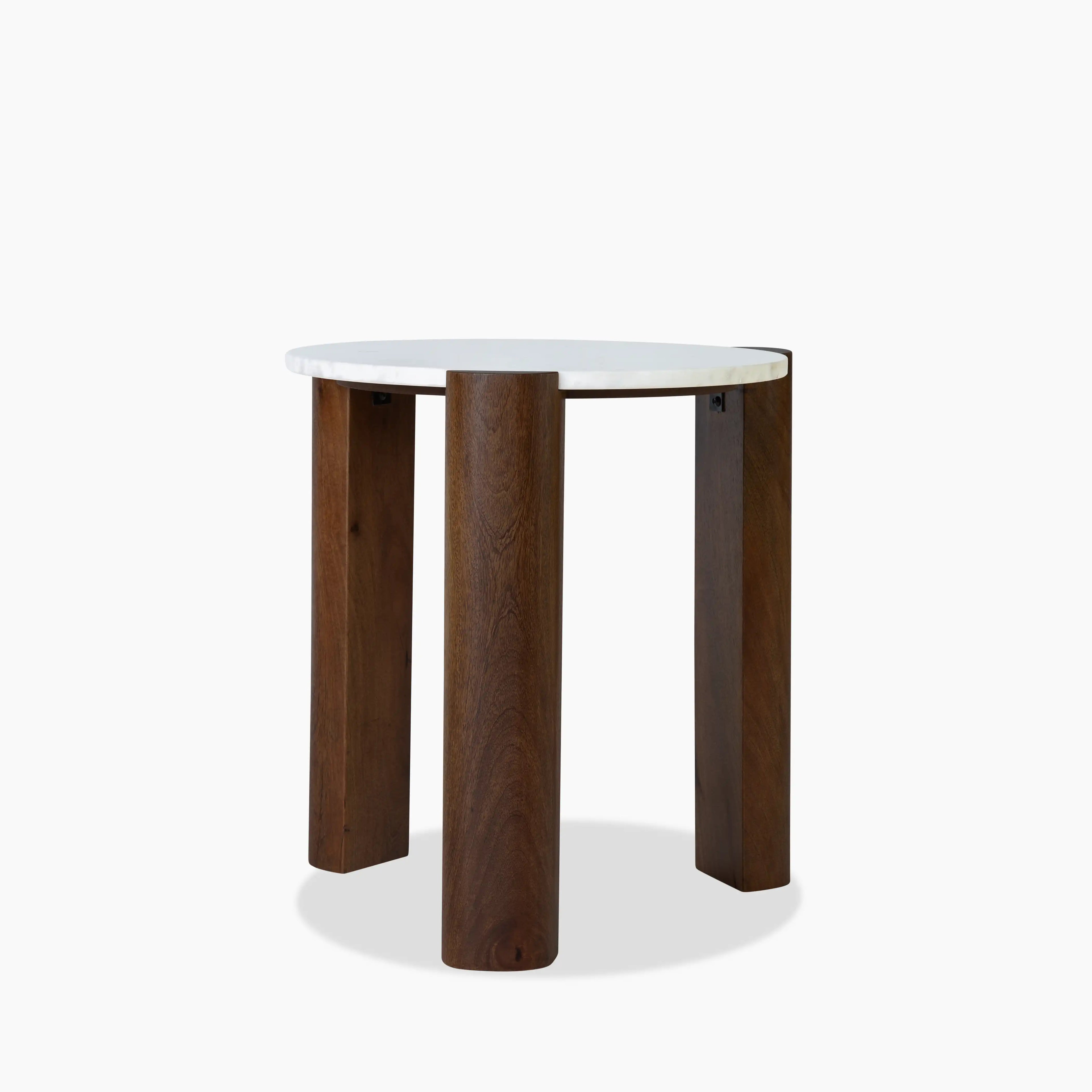Emil Round Side Table | White Marble & Walnut