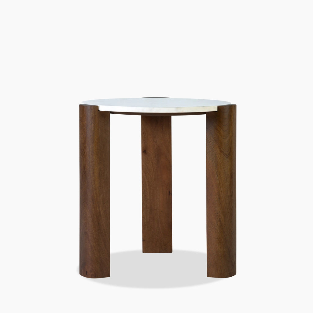 Emil Round Side Table | White Marble & Walnut