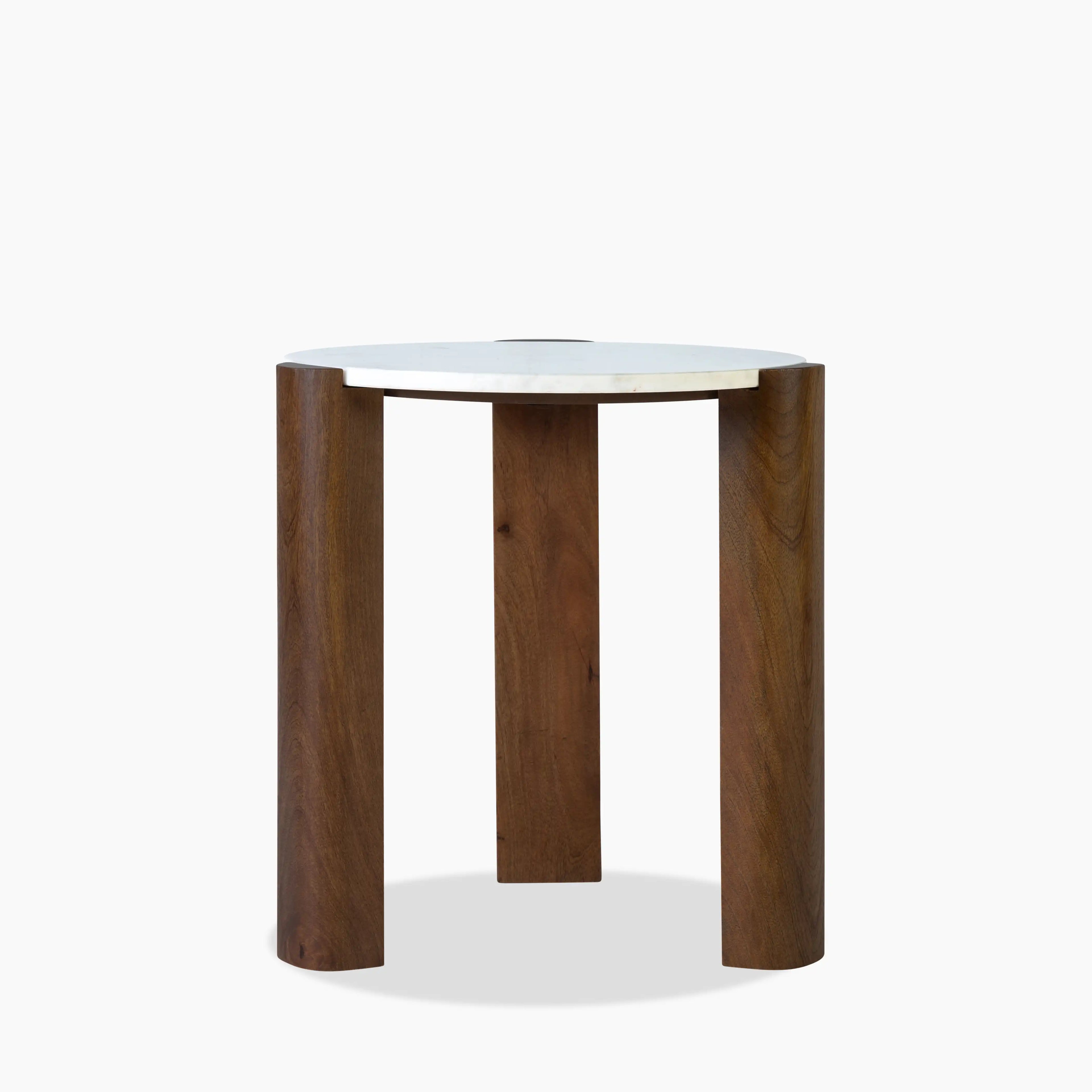 Emil Round Side Table | White Marble & Walnut