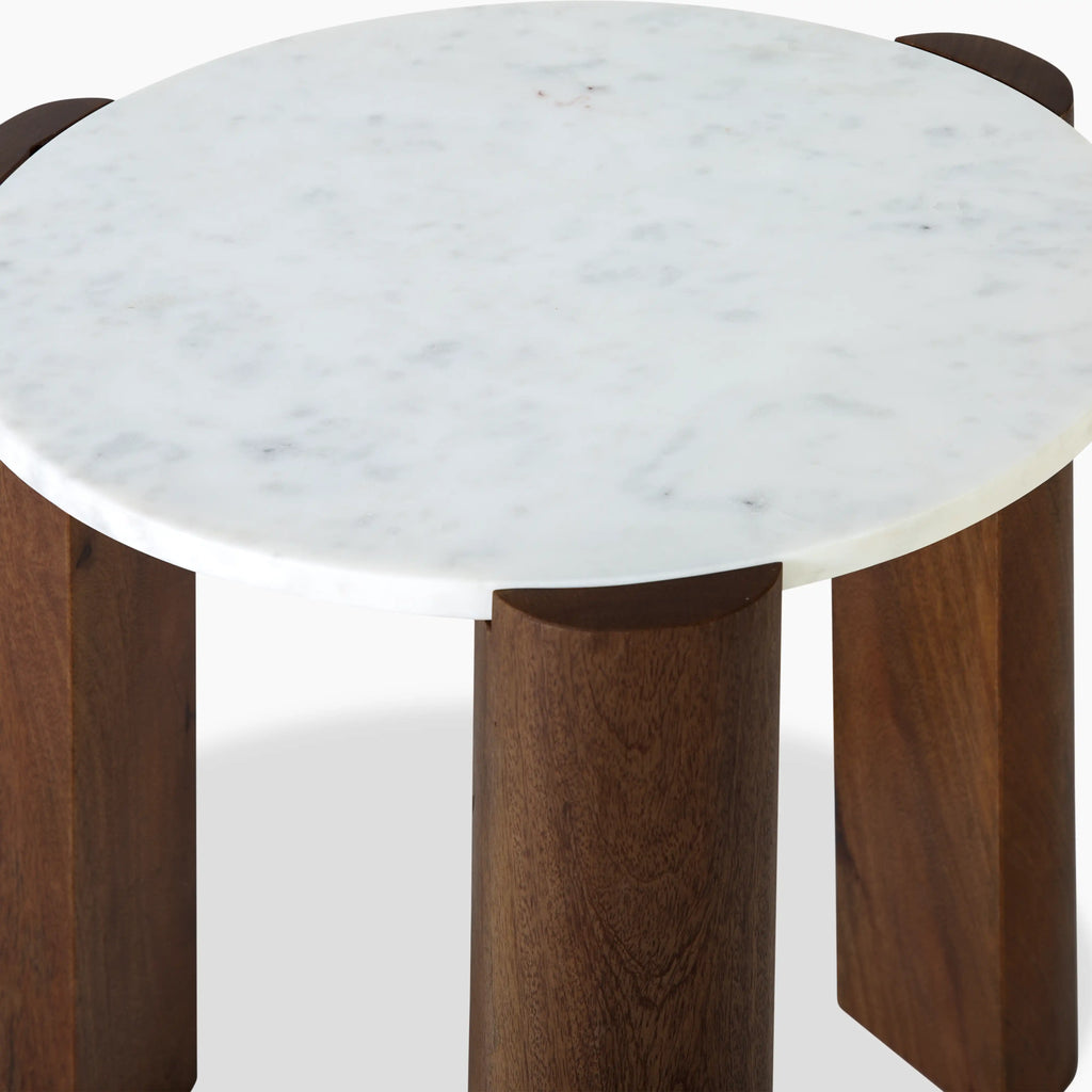 Emil Round Side Table | White Marble & Walnut