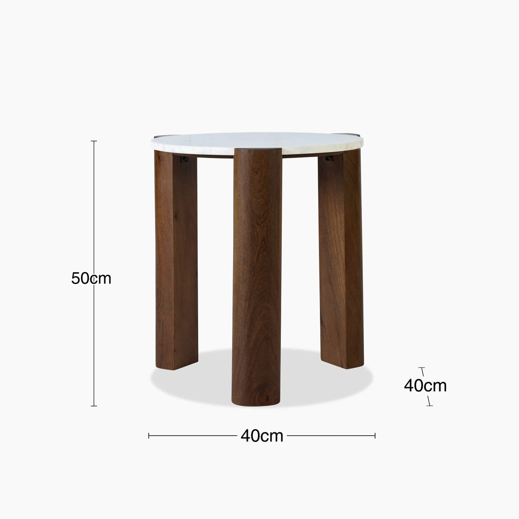 Emil Round Side Table | White Marble & Walnut