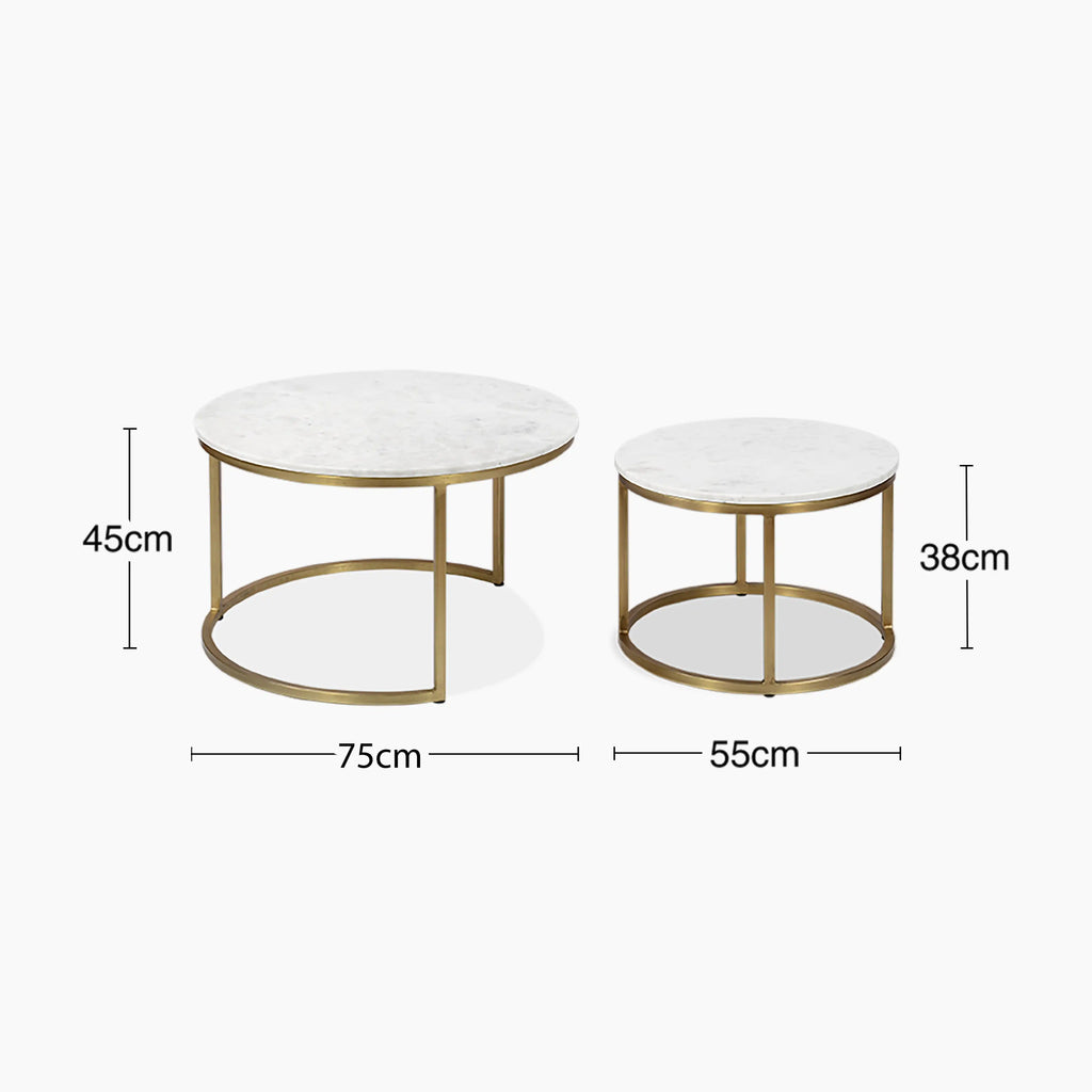 Madison Set Of 2 Round Nesting Coffee Tables | White Marble & Brass