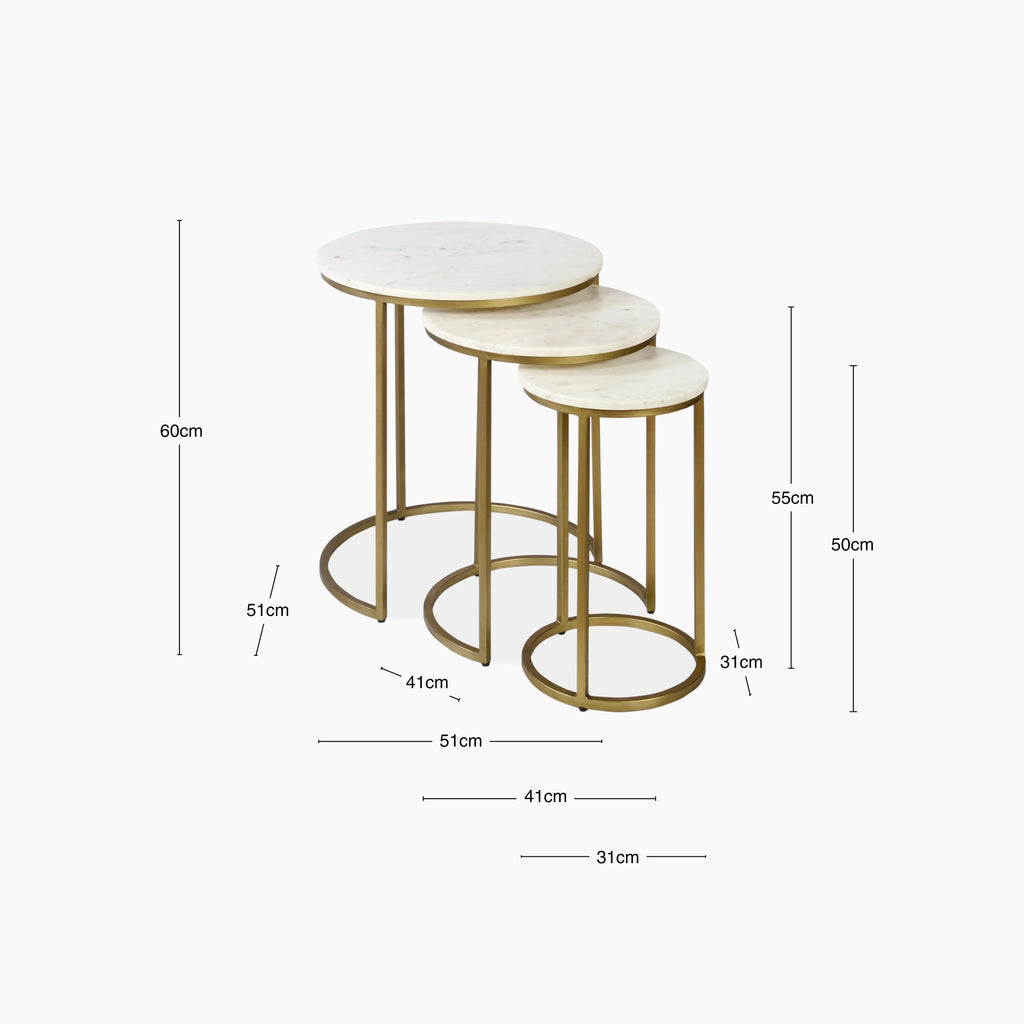 Madison Set Of 3 Round Nesting Side Tables | White Marble & Brass