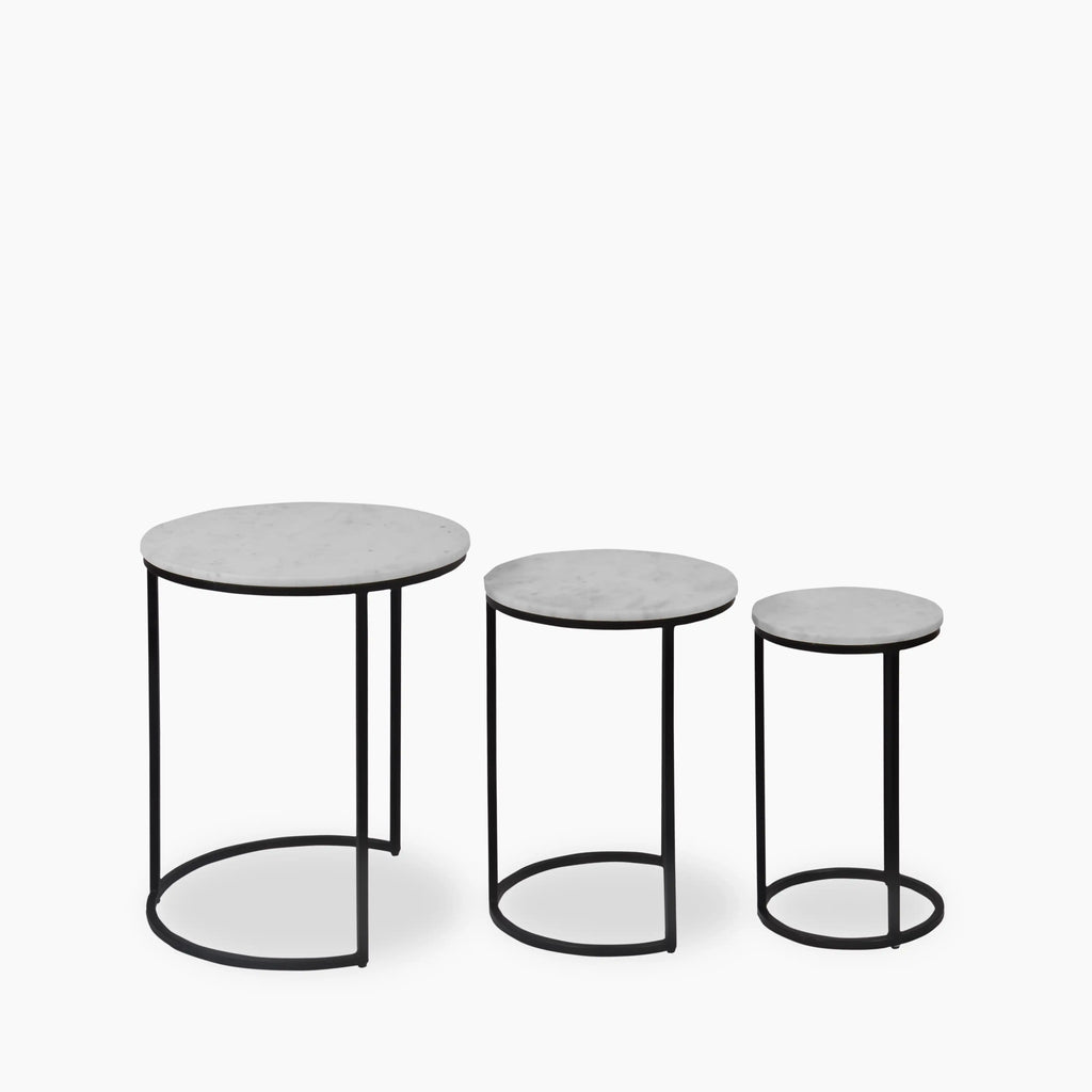 Madison Set of 3 Round Nesting Side Tables | Grey Marble & Black
