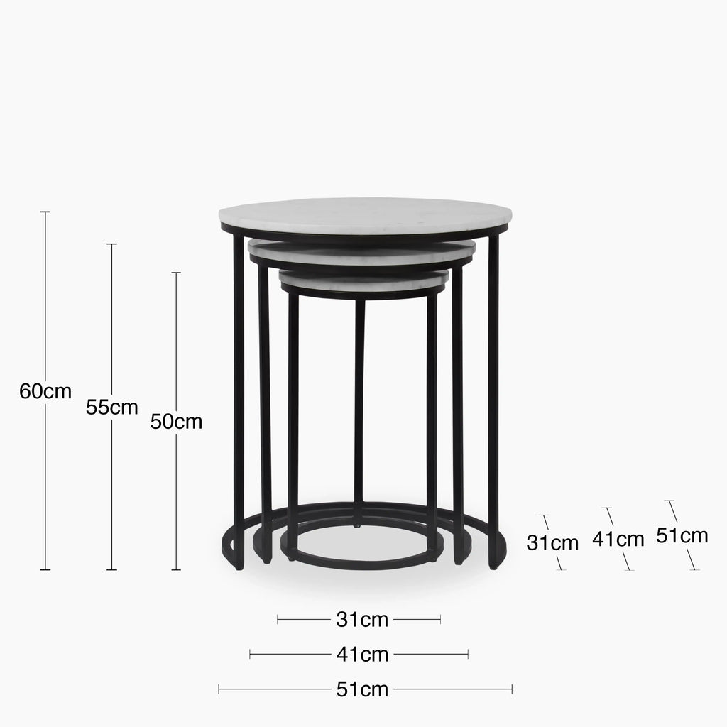 Madison Set of 3 Round Nesting Side Tables | Grey Marble & Black