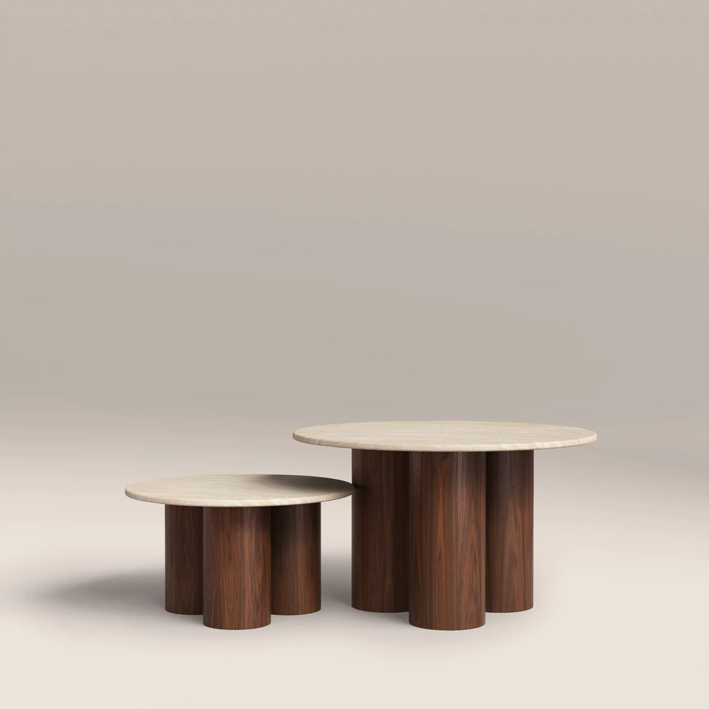 Brynleigh Set of 2 Nesting Round Coffee Tables | Natural Travertine Effect Stone & Walnut